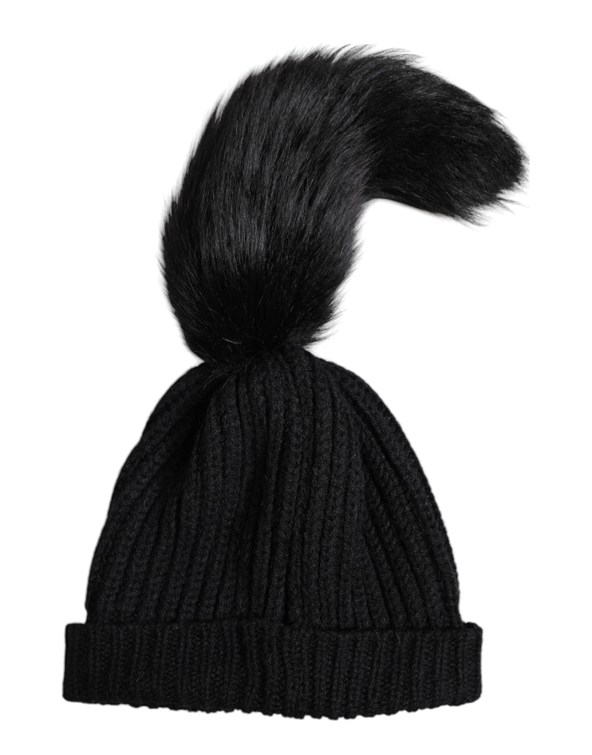 Dolce & Gabbana Schwarze Beanie-Mütze aus Acrylstrick mit Kunstfellbesatz für den Winter