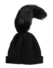 Dolce & Gabbana Schwarze Beanie-Mütze aus Acrylstrick mit Kunstfellbesatz für den Winter
