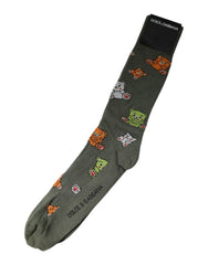 Dolce & Gabbana Grüne Nylon DG Bär Bedruckte Wadenhohe Socken