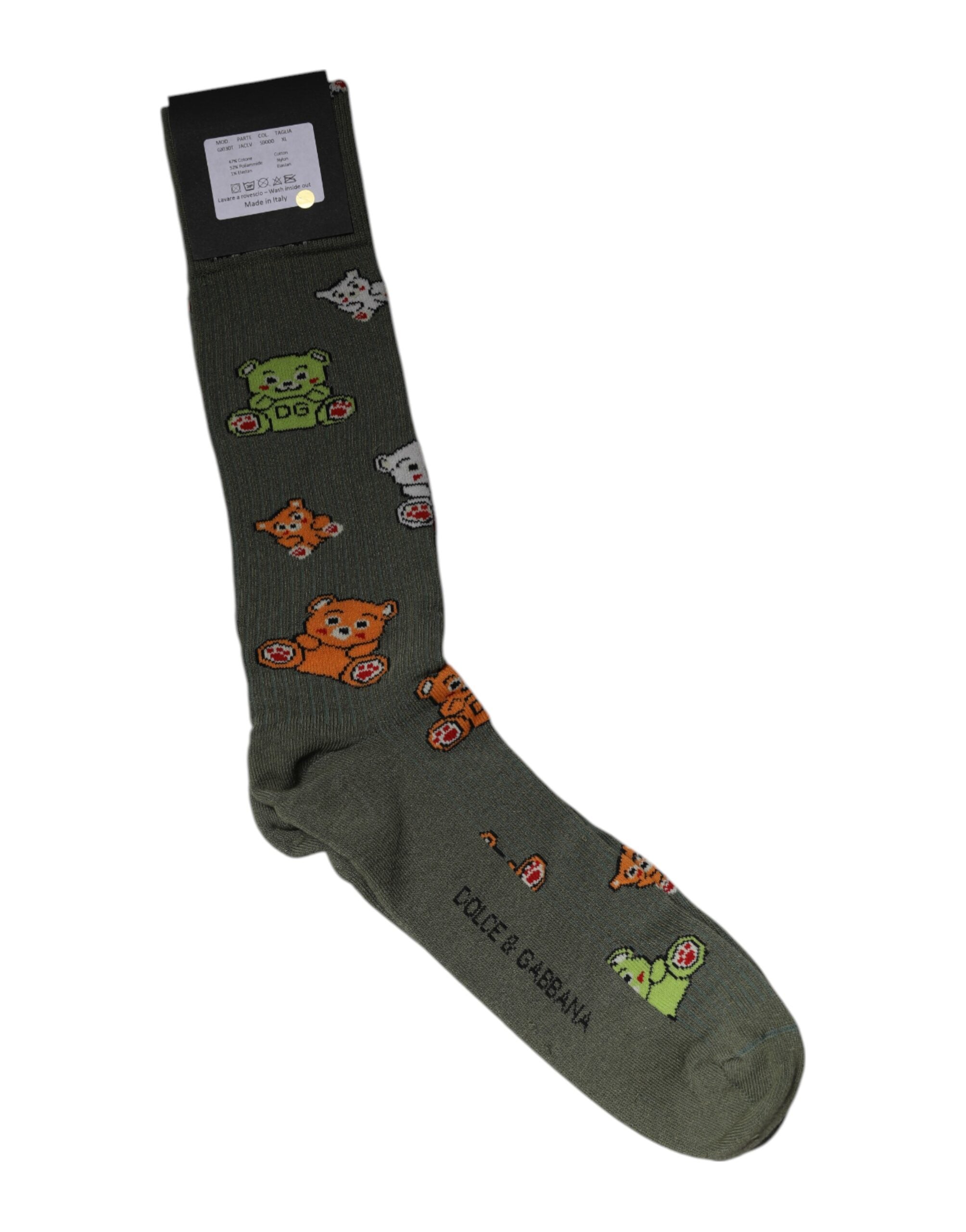 Dolce & Gabbana Grüne Nylon DG Bär Bedruckte Wadenhohe Socken