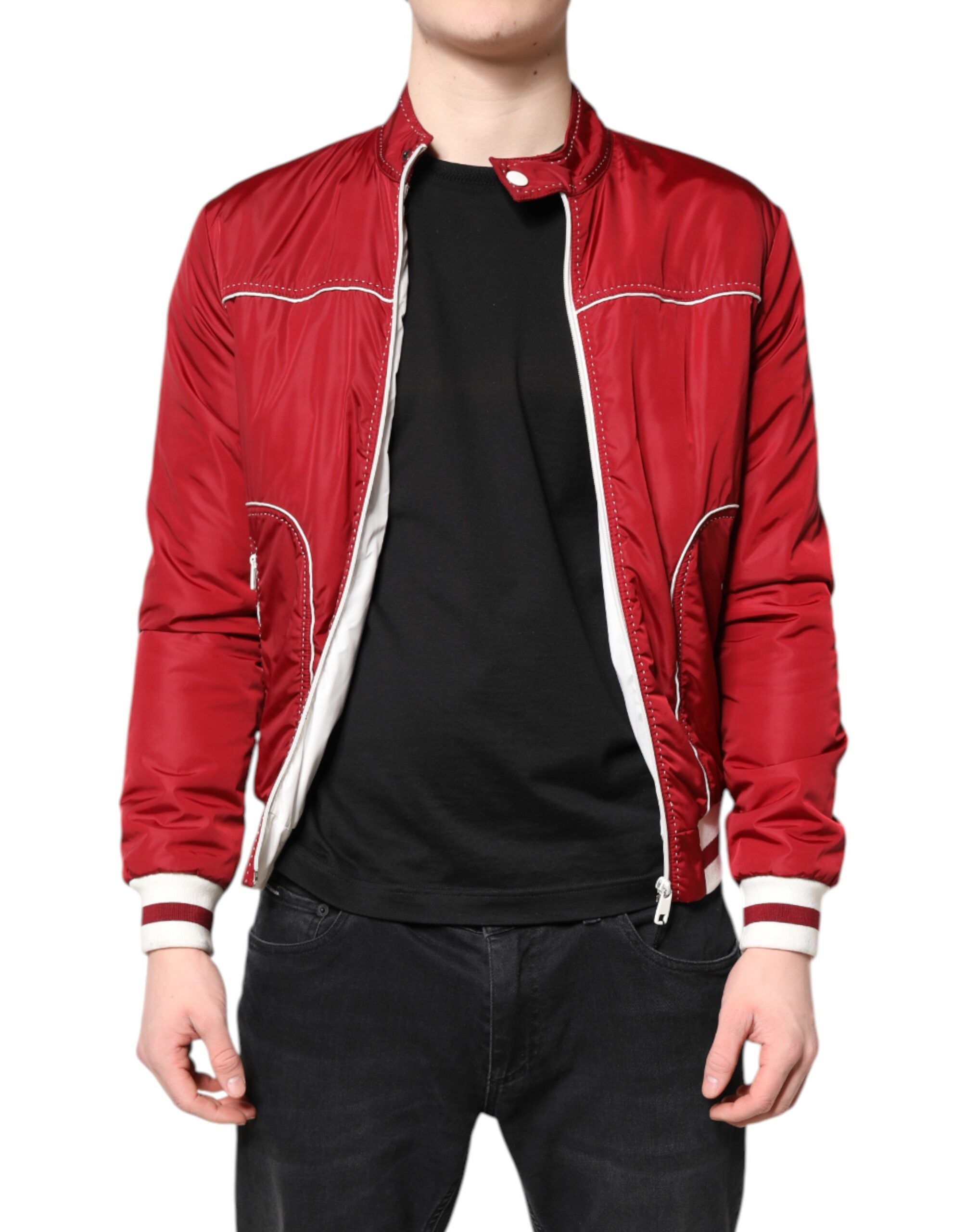Dolce & Gabbana Rot Weiß Nylon Bomberjacke mit durchgehendem Reißverschluss für Herren