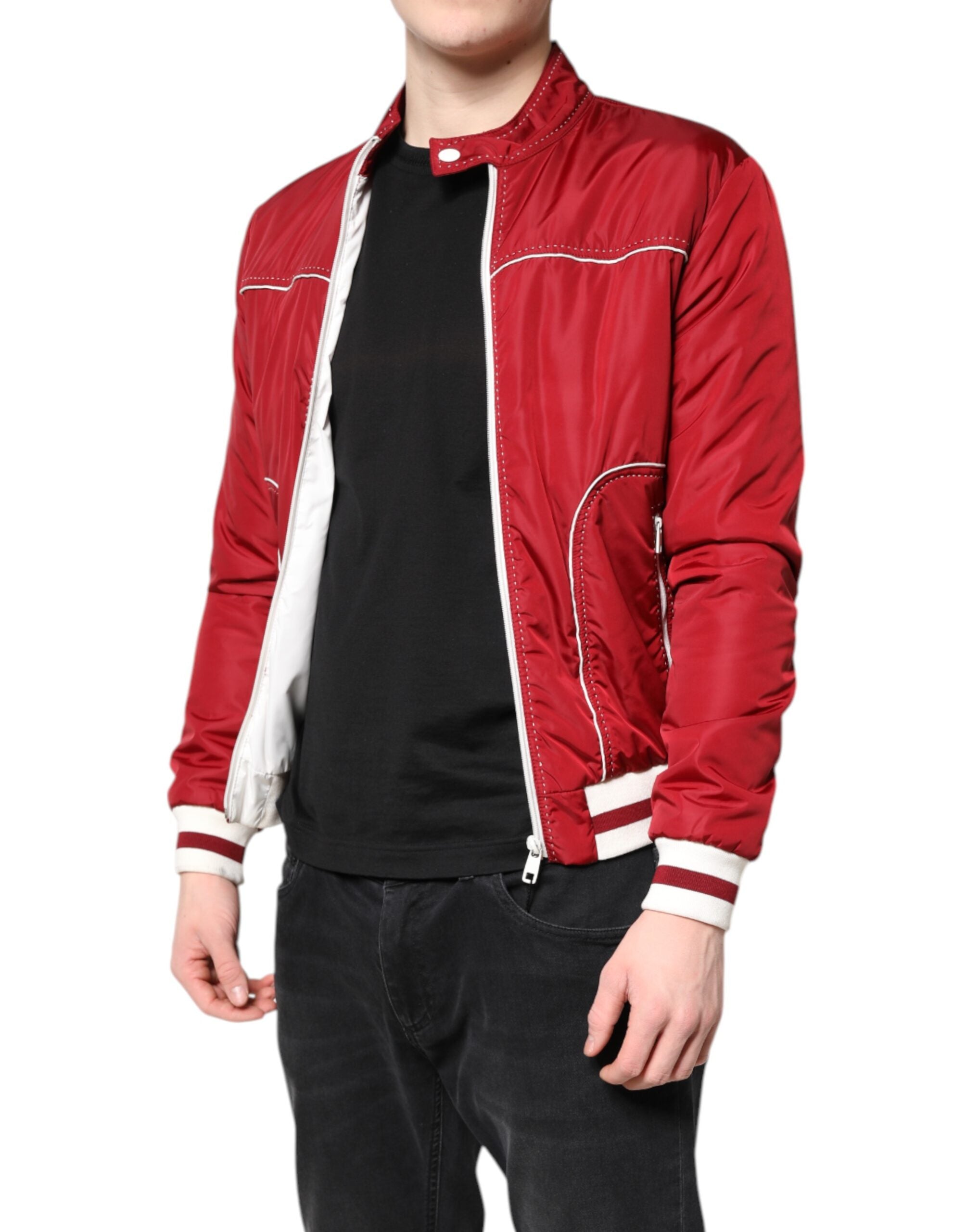 Dolce & Gabbana Rot Weiß Nylon Bomberjacke mit durchgehendem Reißverschluss für Herren