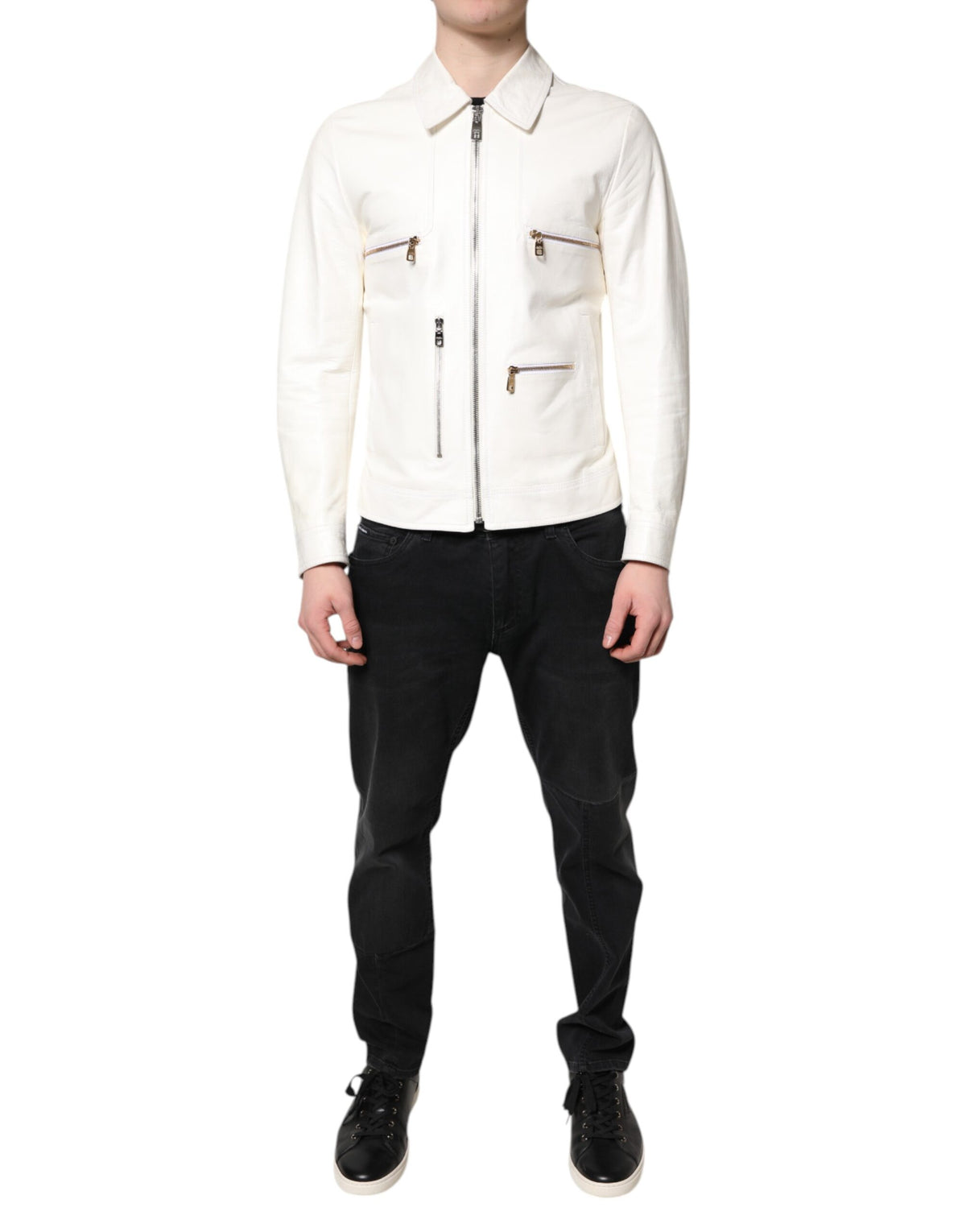Dolce & Gabbana Weiße Bikerjacke mit Kragen und durchgehendem Reißverschluss