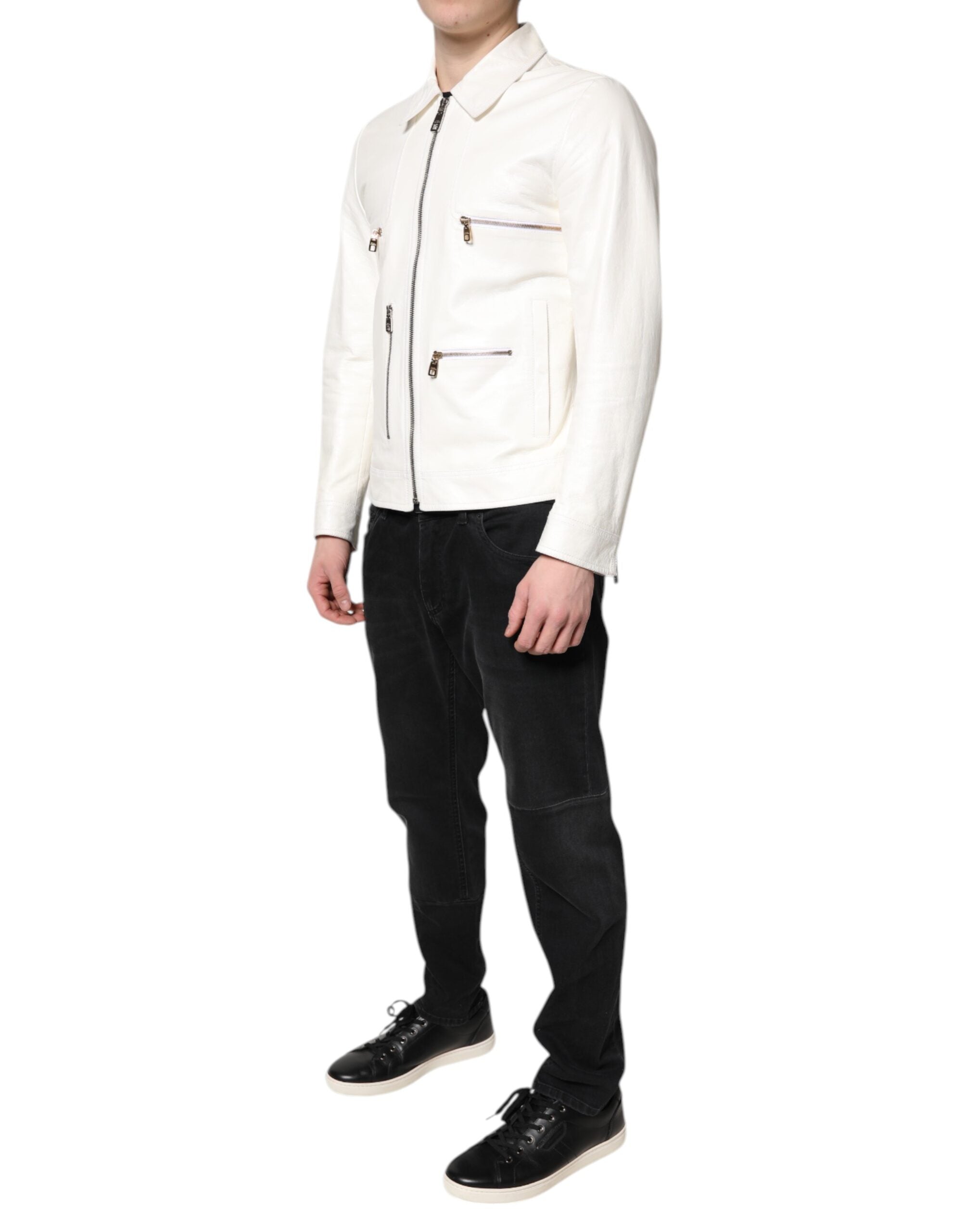 Dolce & Gabbana Weiße Bikerjacke mit Kragen und durchgehendem Reißverschluss