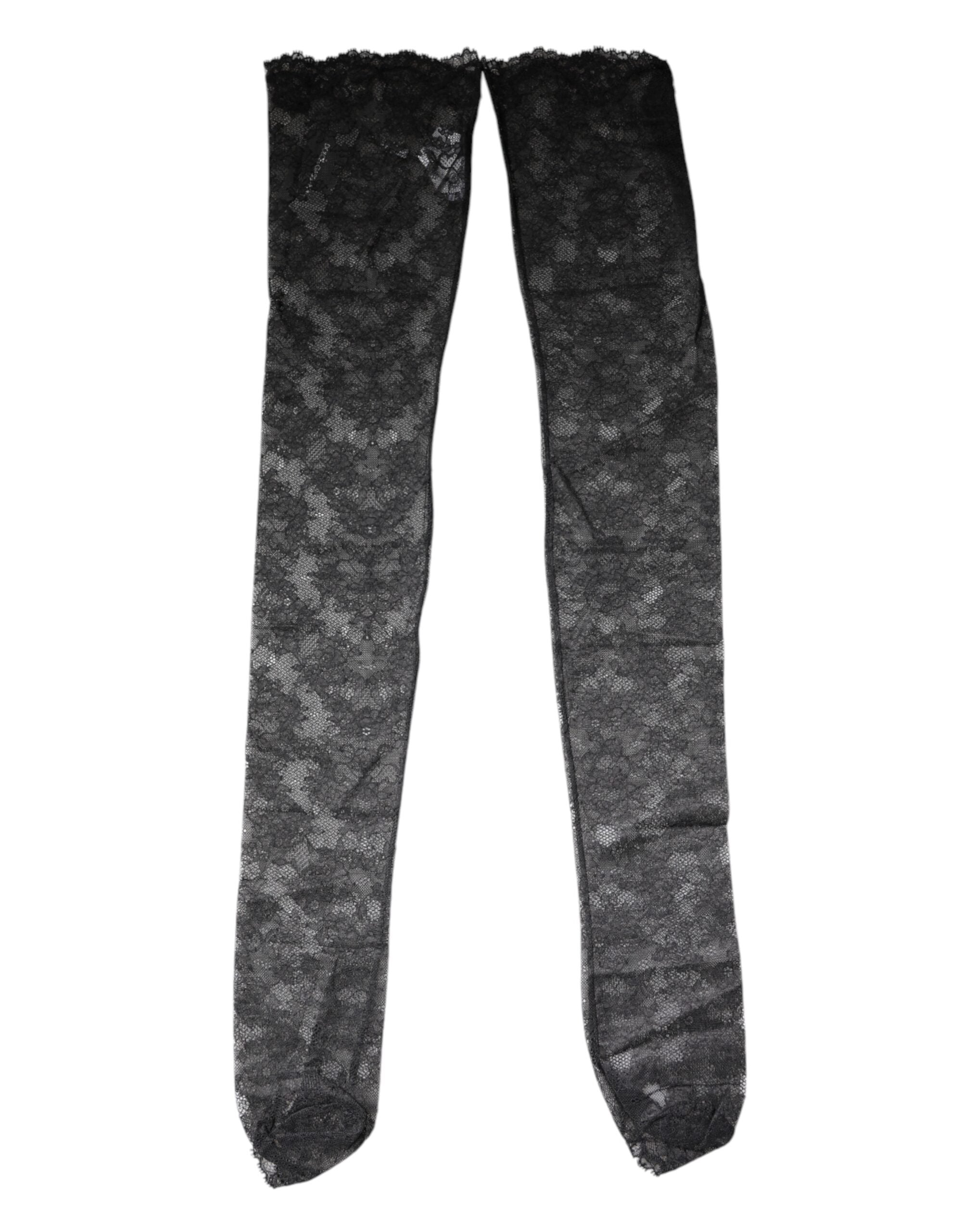 Dolce & Gabbana Schwarze florale Spitzenstrümpfe Socken aus Baumwollstretch
