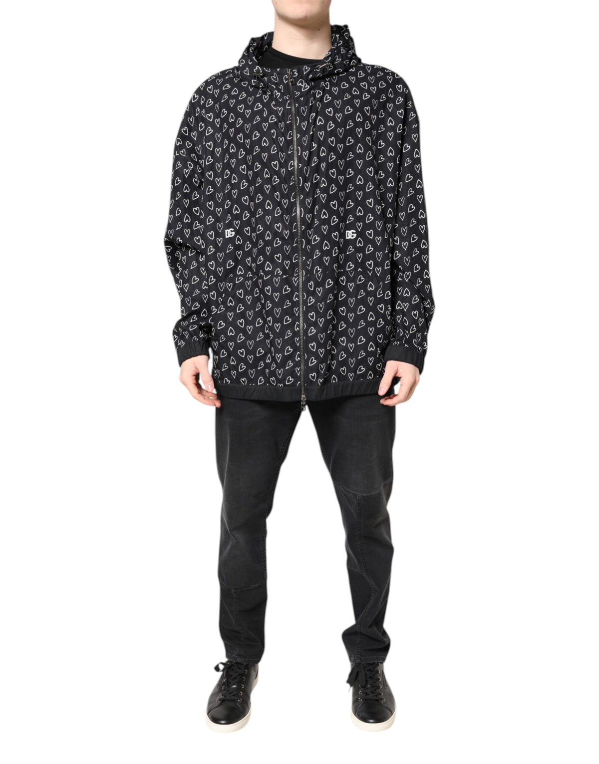 Dolce & Gabbana Windbreakerjacke mit Kapuze und Herz-Print in Schwarz