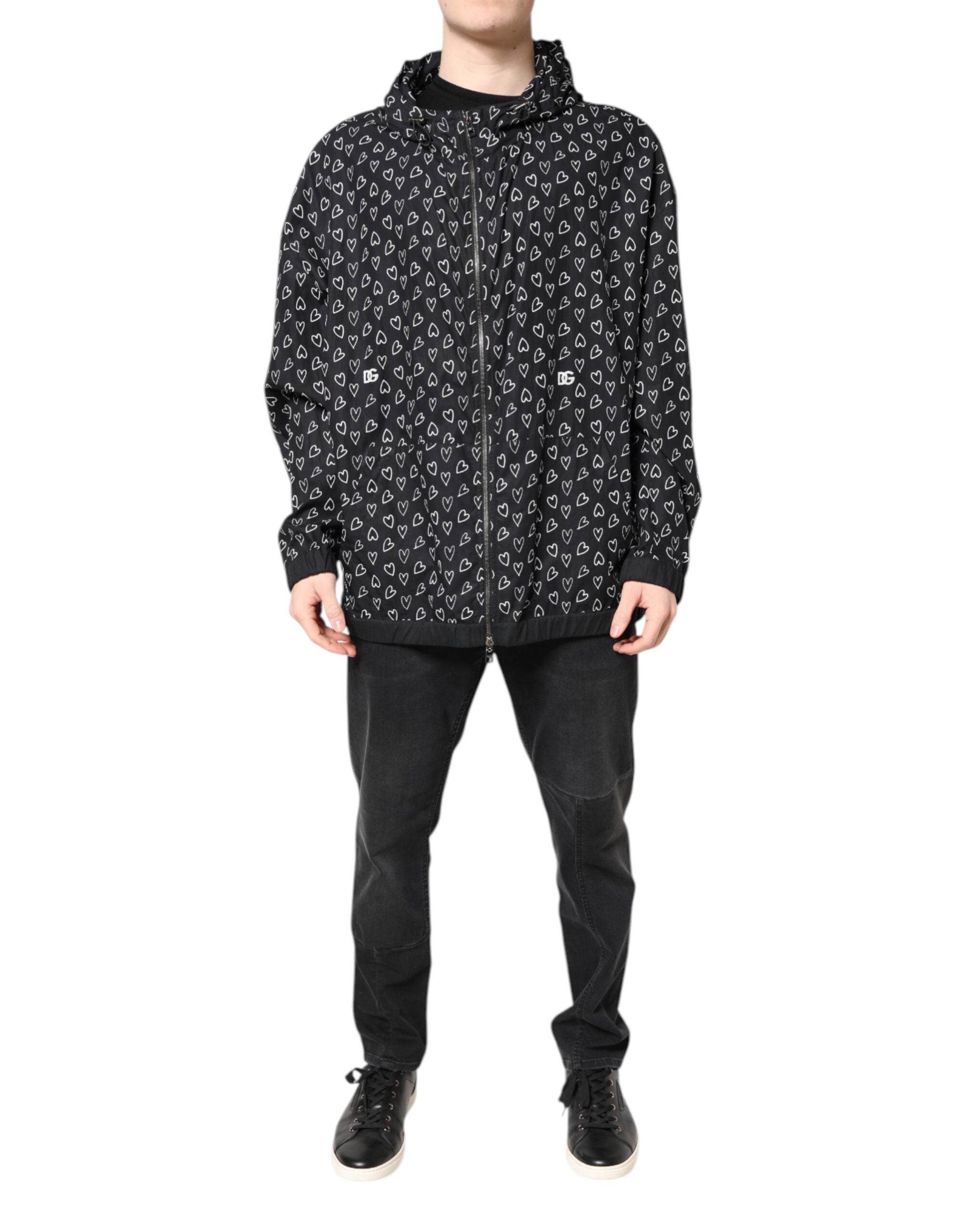 Dolce & Gabbana Windbreakerjacke mit Kapuze und Herz-Print in Schwarz