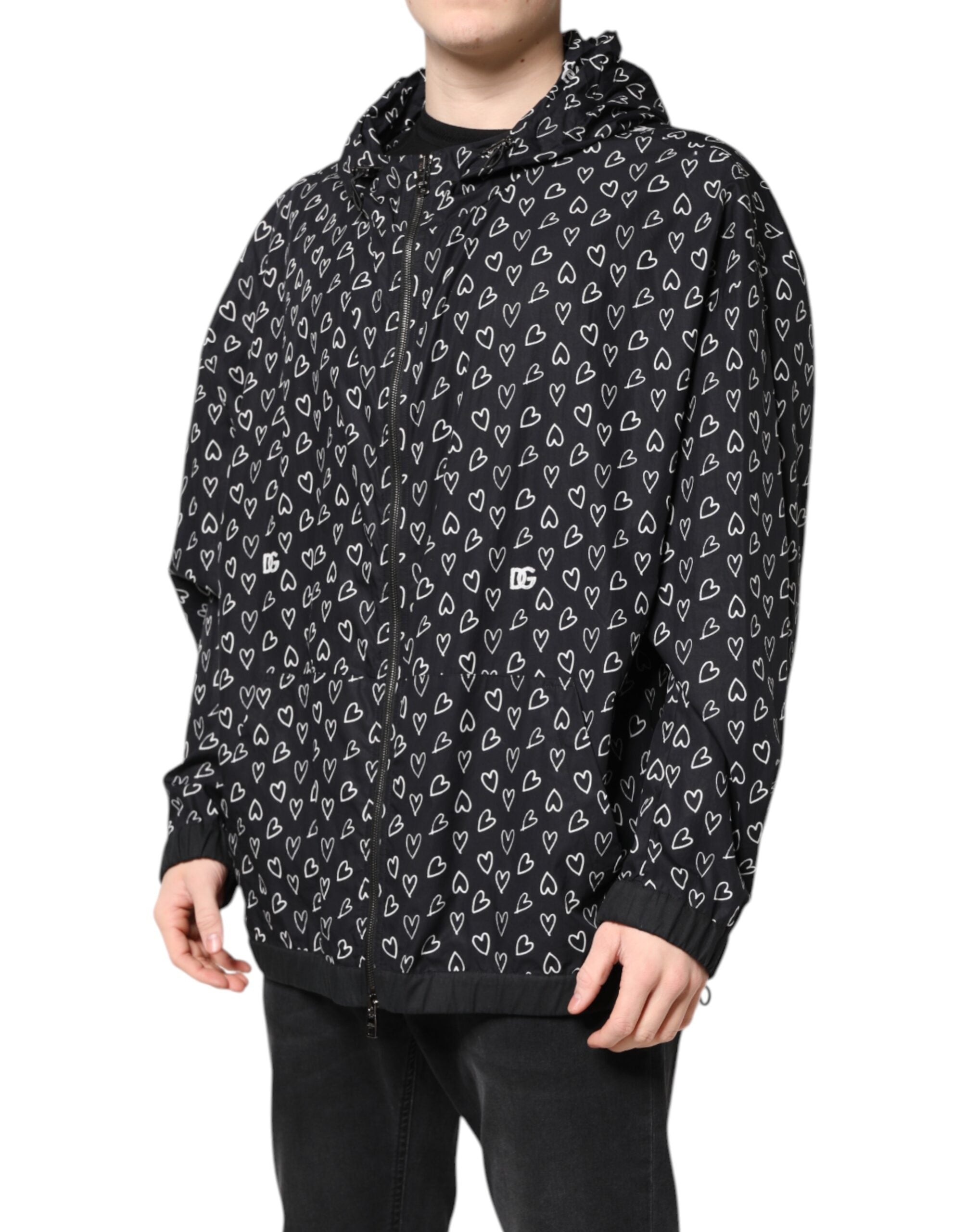 Dolce & Gabbana Windbreakerjacke mit Kapuze und Herz-Print in Schwarz