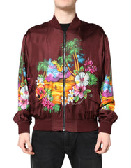 Dolce & Gabbana Bordeauxrote Bomberjacke mit Blumenmuster und durchgehendem Reißverschluss