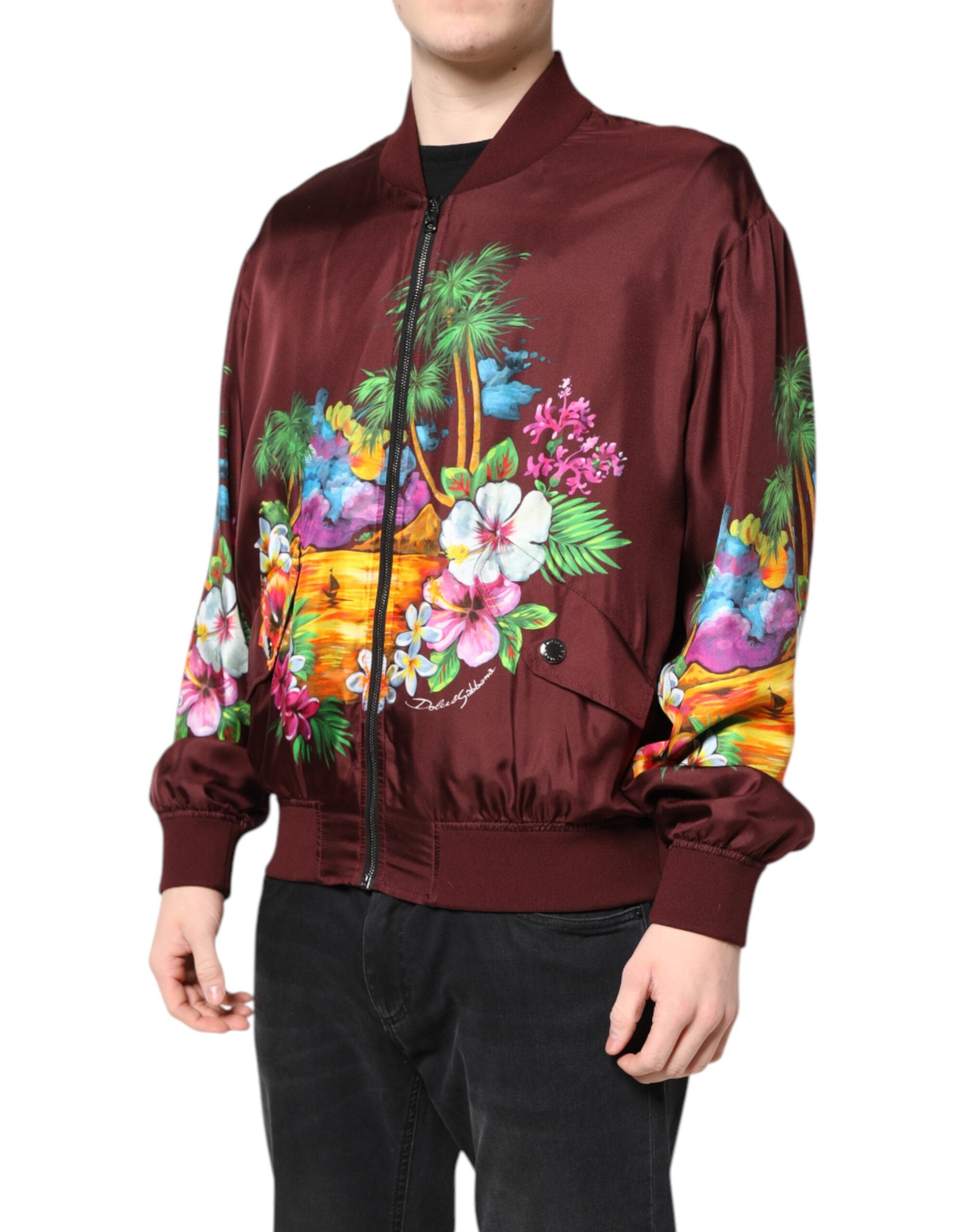 Dolce & Gabbana Bordeauxrote Bomberjacke mit Blumenmuster und durchgehendem Reißverschluss