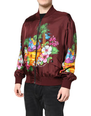 Dolce & Gabbana Bordeauxrote Bomberjacke mit Blumenmuster und durchgehendem Reißverschluss