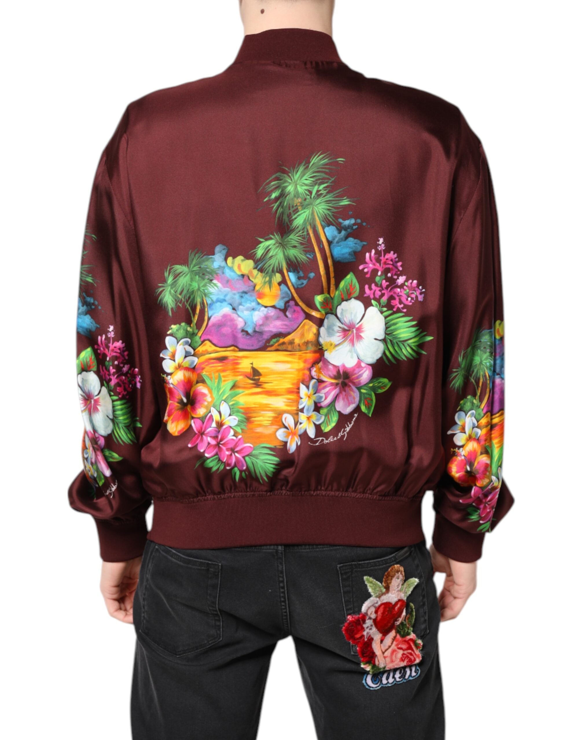 Dolce & Gabbana Bordeauxrote Bomberjacke mit Blumenmuster und durchgehendem Reißverschluss