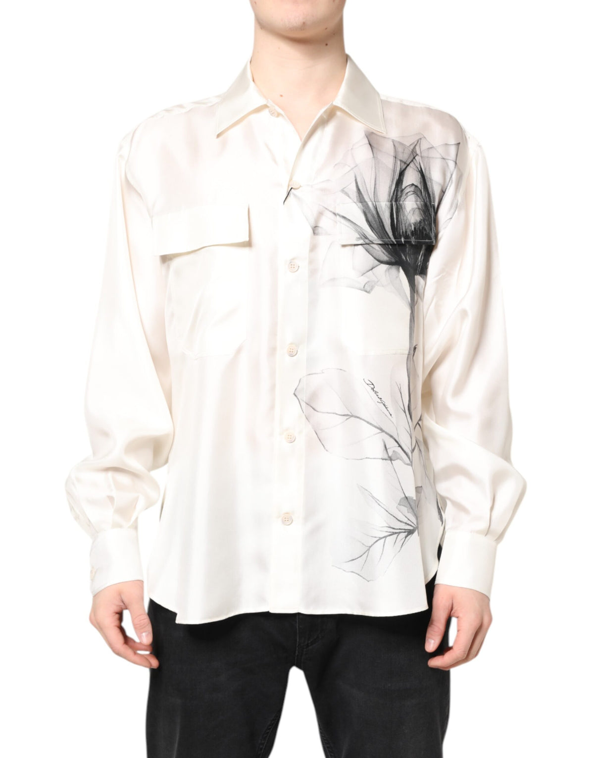 Dolce & Gabbana Elfenbeinseidenhemd Langarm Herren Freizeit