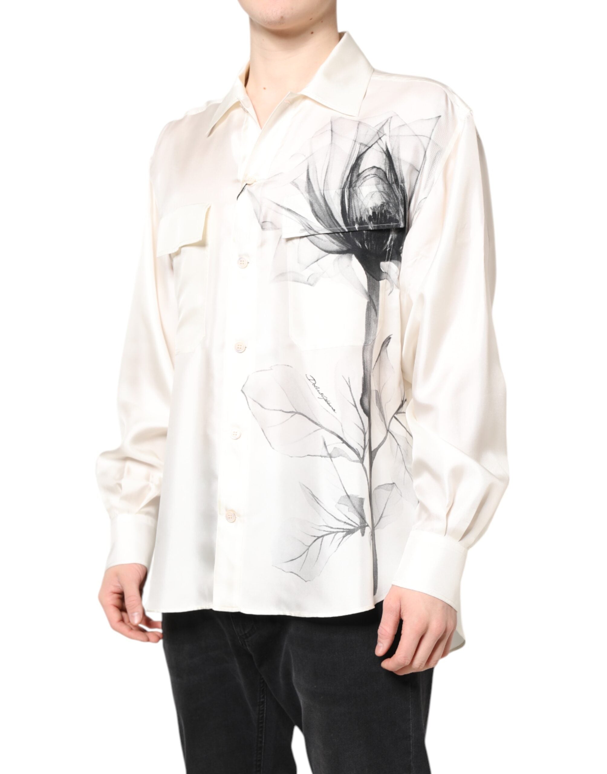 Dolce & Gabbana Elfenbeinseidenhemd Langarm Herren Freizeit
