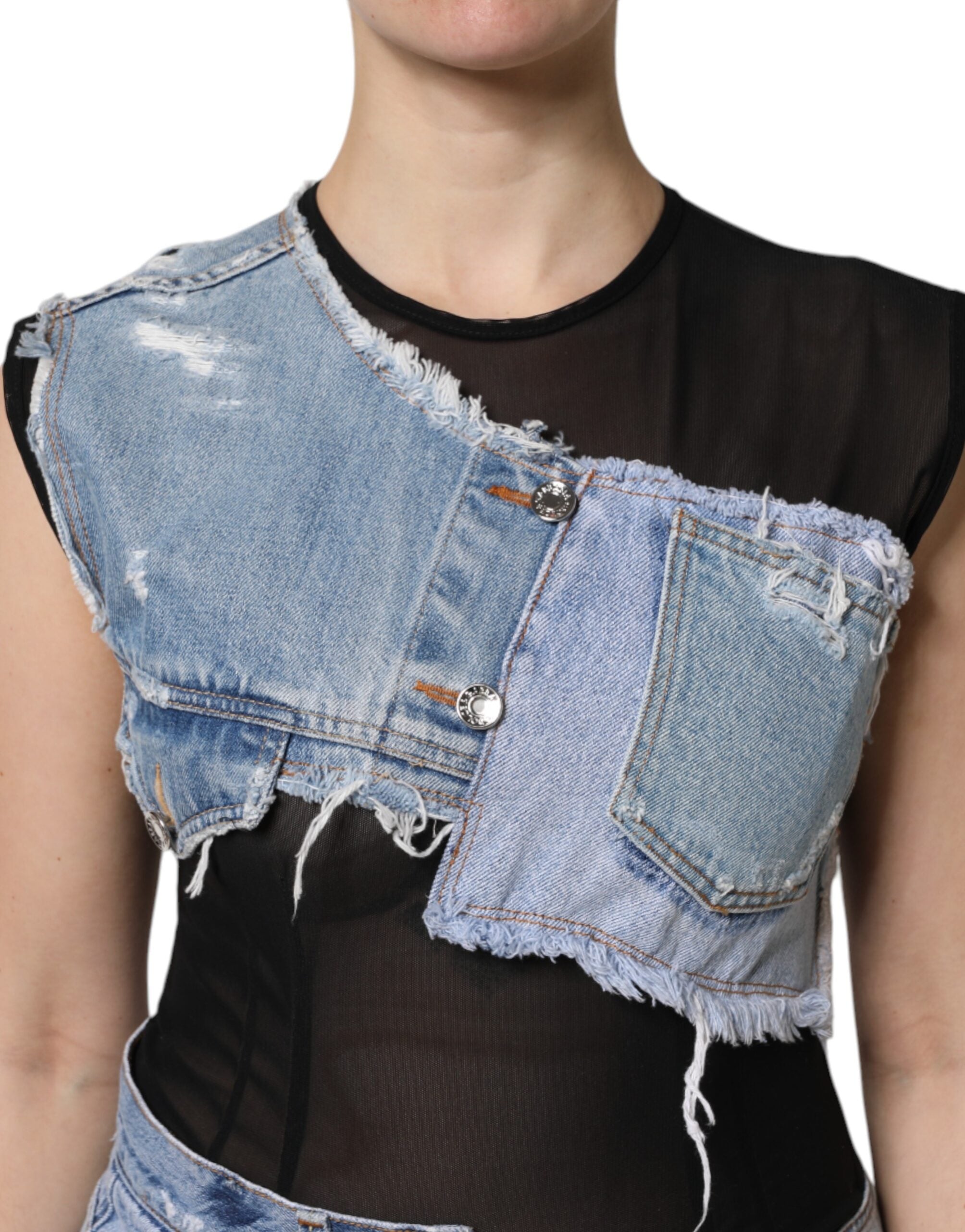 Dolce & Gabbana Schwarzes ärmelloses Jeans-Minikleid in Blau