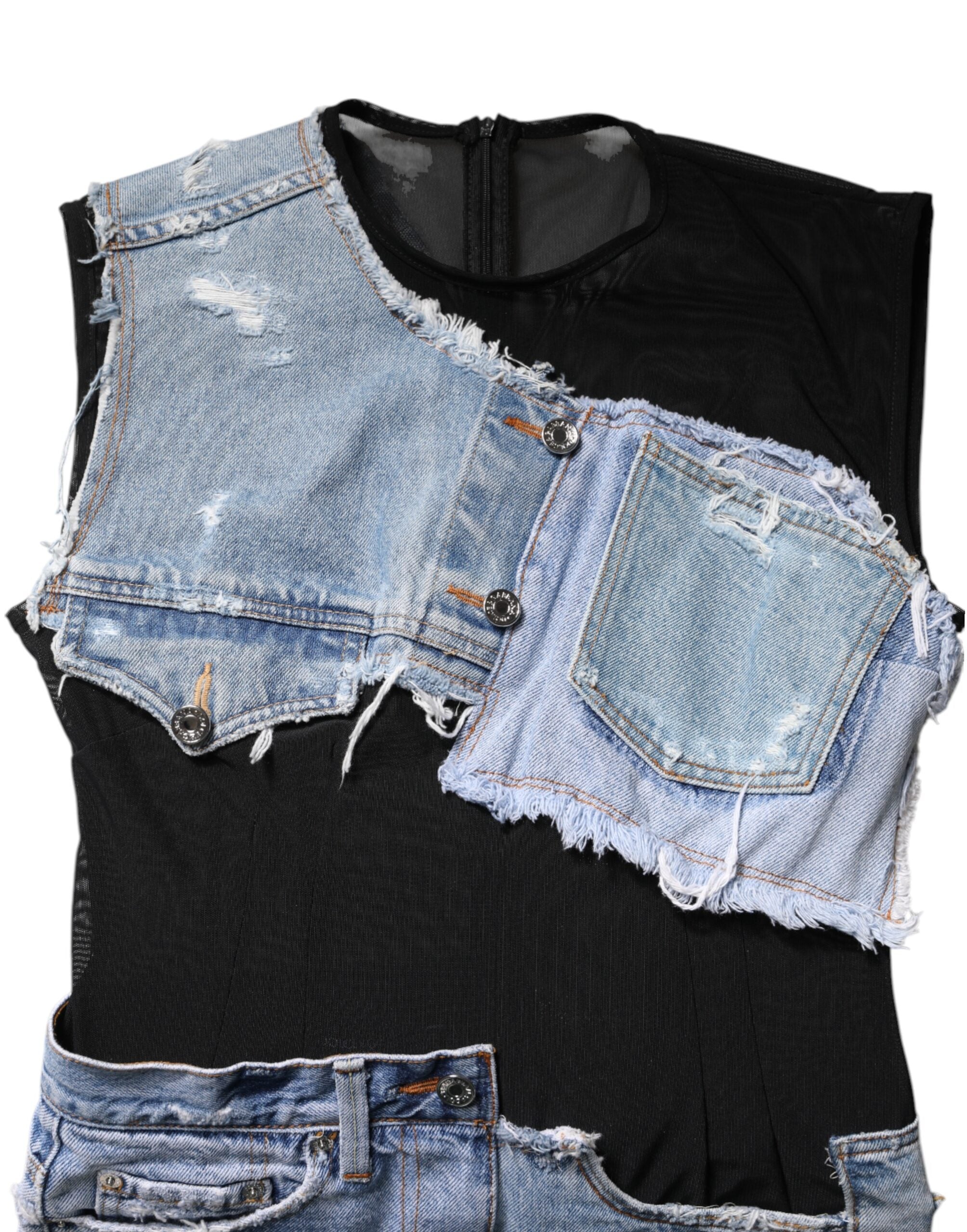 Dolce & Gabbana Schwarzes ärmelloses Jeans-Minikleid in Blau