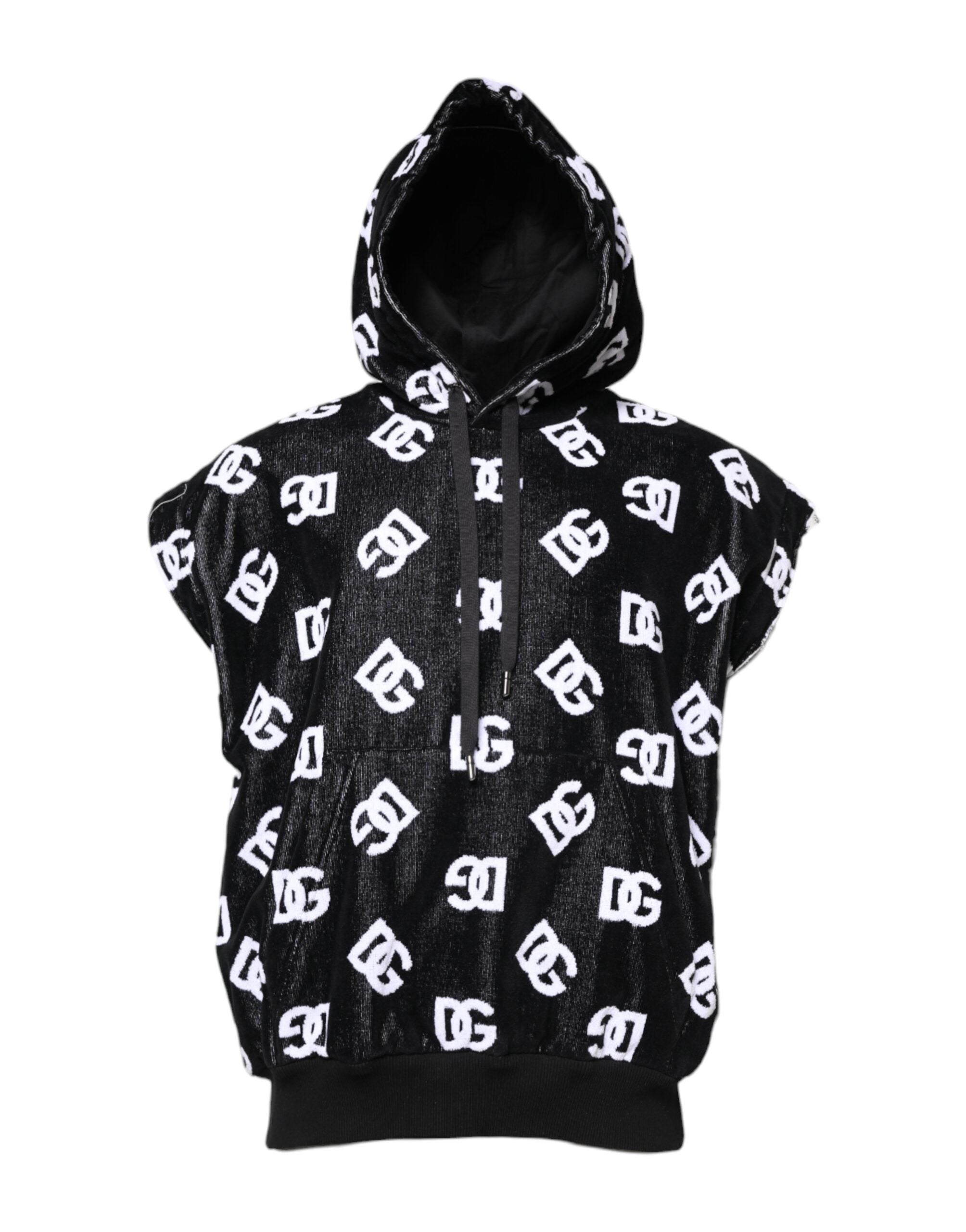 Dolce & Gabbana Schwarzer ärmelloser Kapuzenpullover aus DG Baumwolle