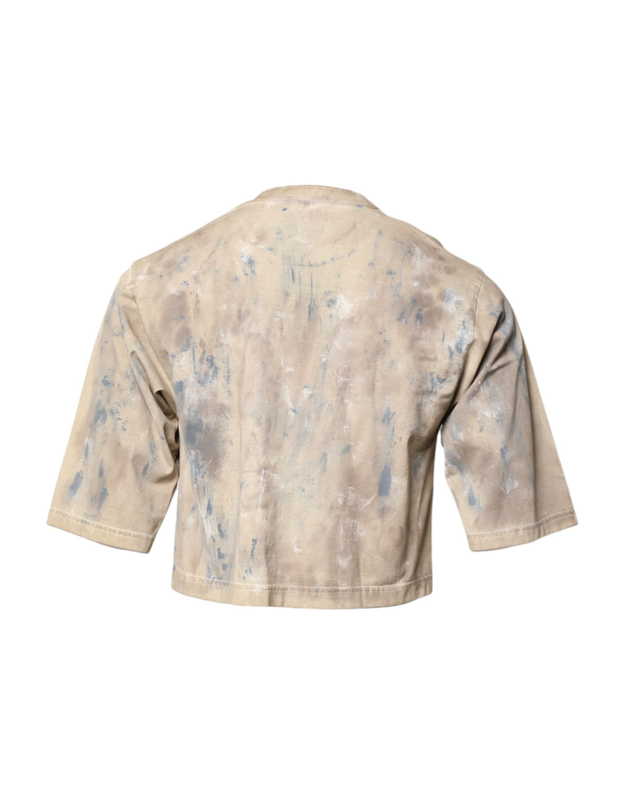 Dolce & Gabbana Beiges Batik-Cropped T-Shirt mit DG-Stickerei