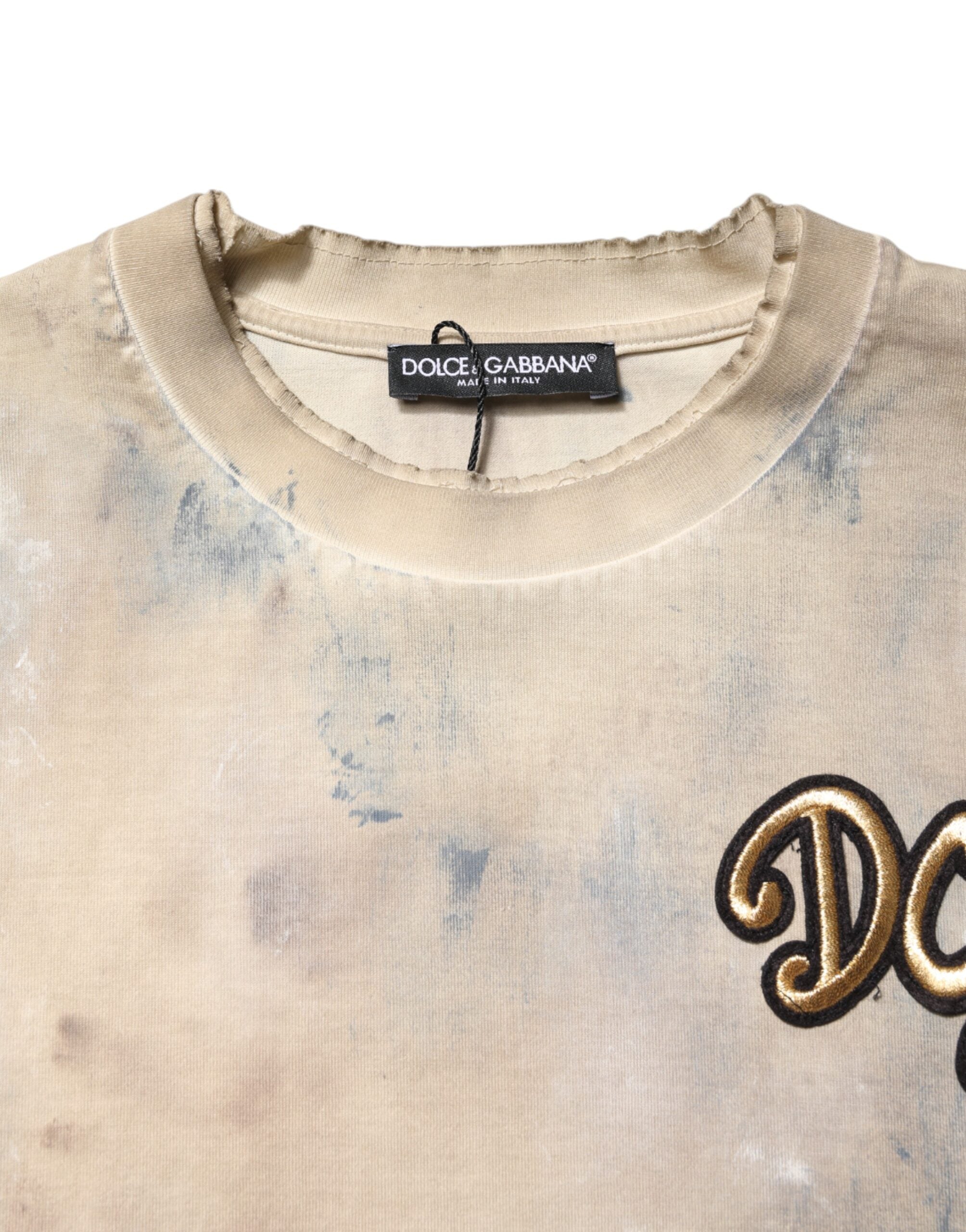 Dolce & Gabbana Beiges Batik-Cropped T-Shirt mit DG-Stickerei