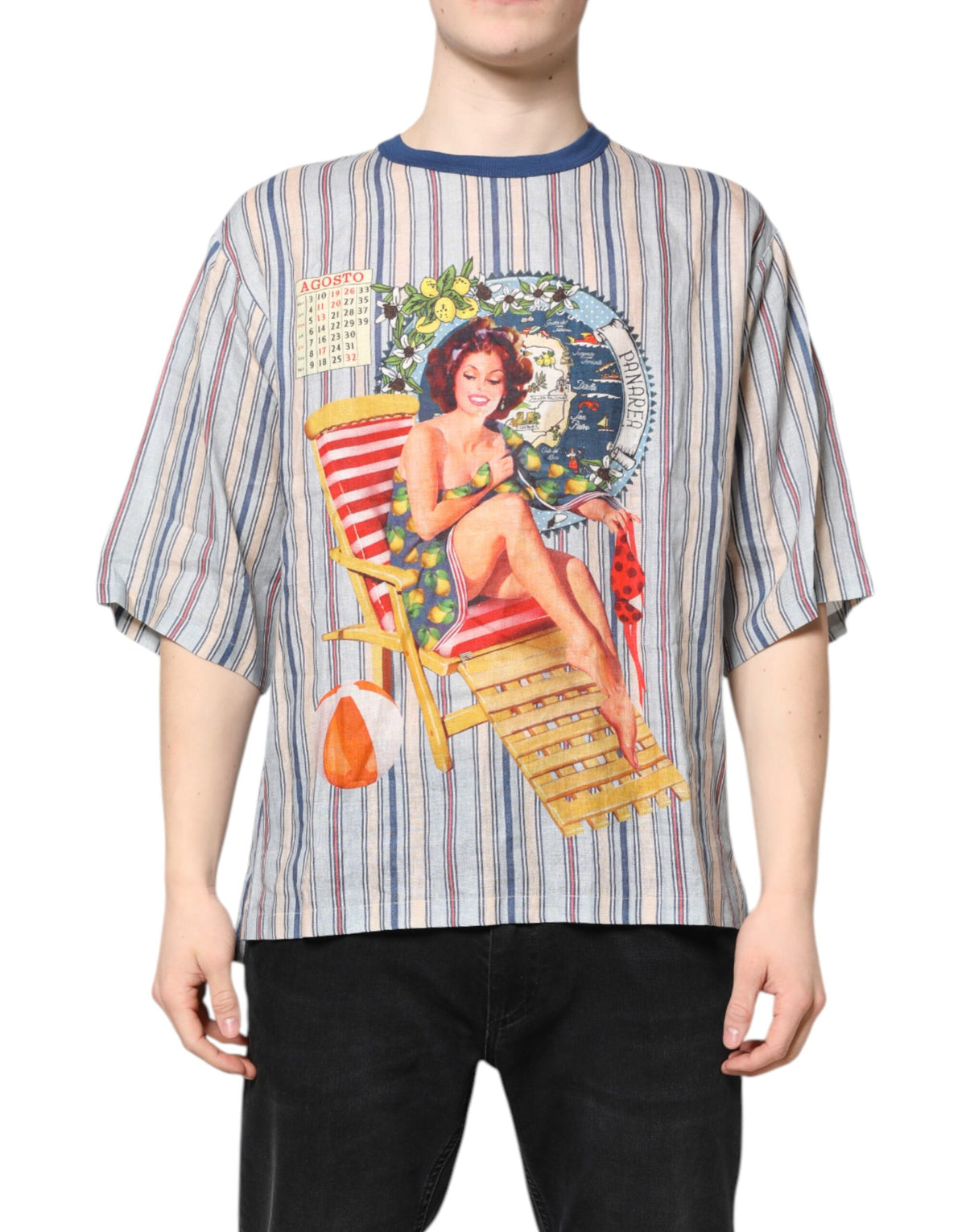 Dolce & Gabbana Rundhals-T-Shirt aus Leinen mit gestreiften Pin-up-Motiven
