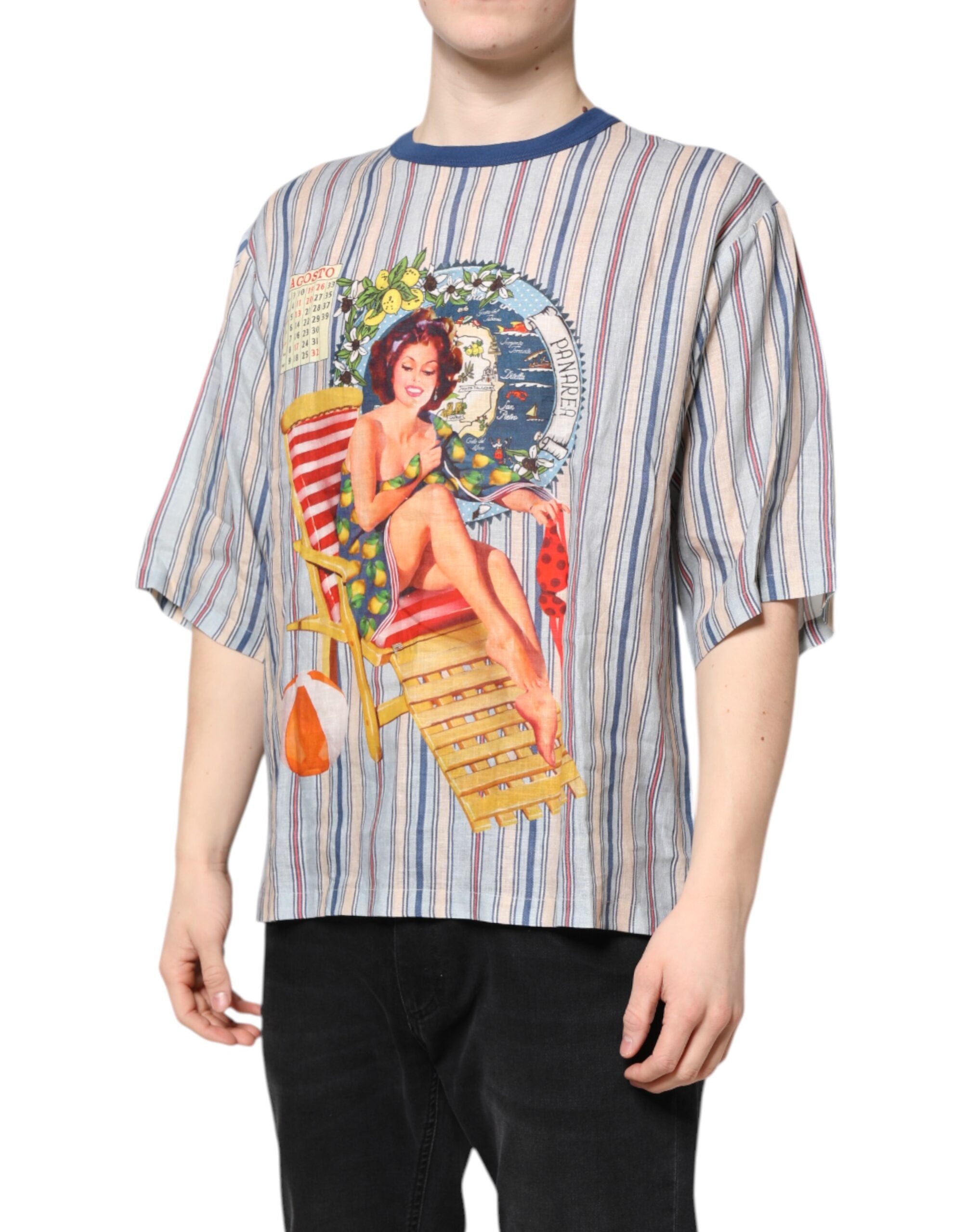 Dolce & Gabbana Rundhals-T-Shirt aus Leinen mit gestreiften Pin-up-Motiven