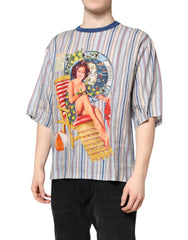 Dolce & Gabbana Rundhals-T-Shirt aus Leinen mit gestreiften Pin-up-Motiven