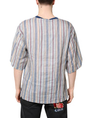 Dolce & Gabbana Rundhals-T-Shirt aus Leinen mit gestreiften Pin-up-Motiven