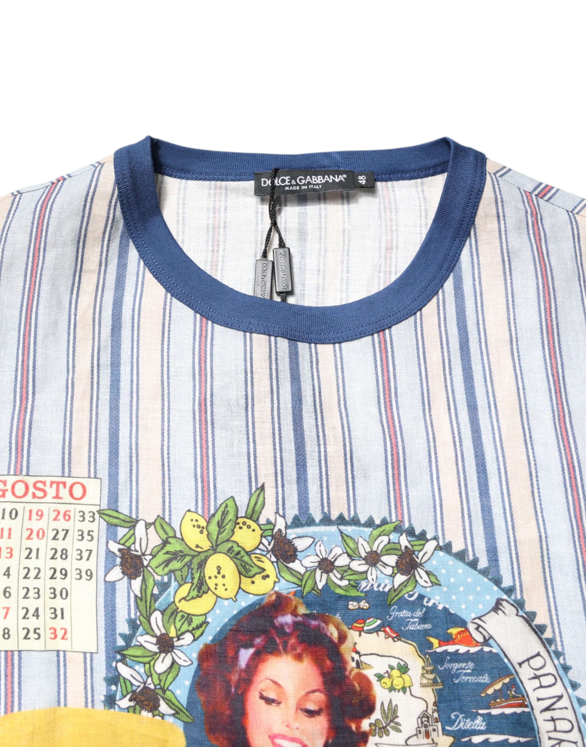 Dolce & Gabbana Rundhals-T-Shirt aus Leinen mit gestreiften Pin-up-Motiven