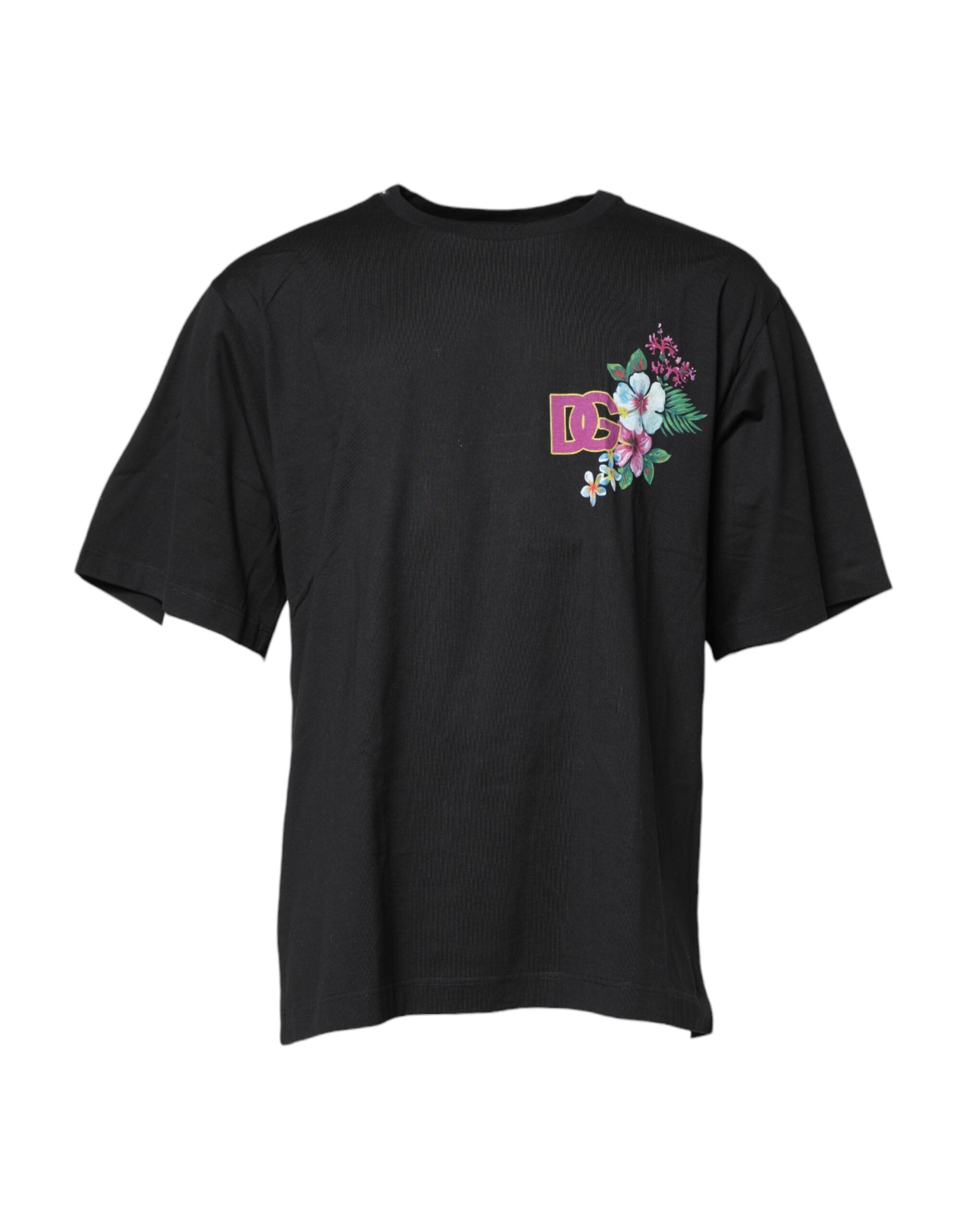 Dolce & Gabbana Schwarzes T-Shirt mit Blumenmuster und Rundhalsausschnitt