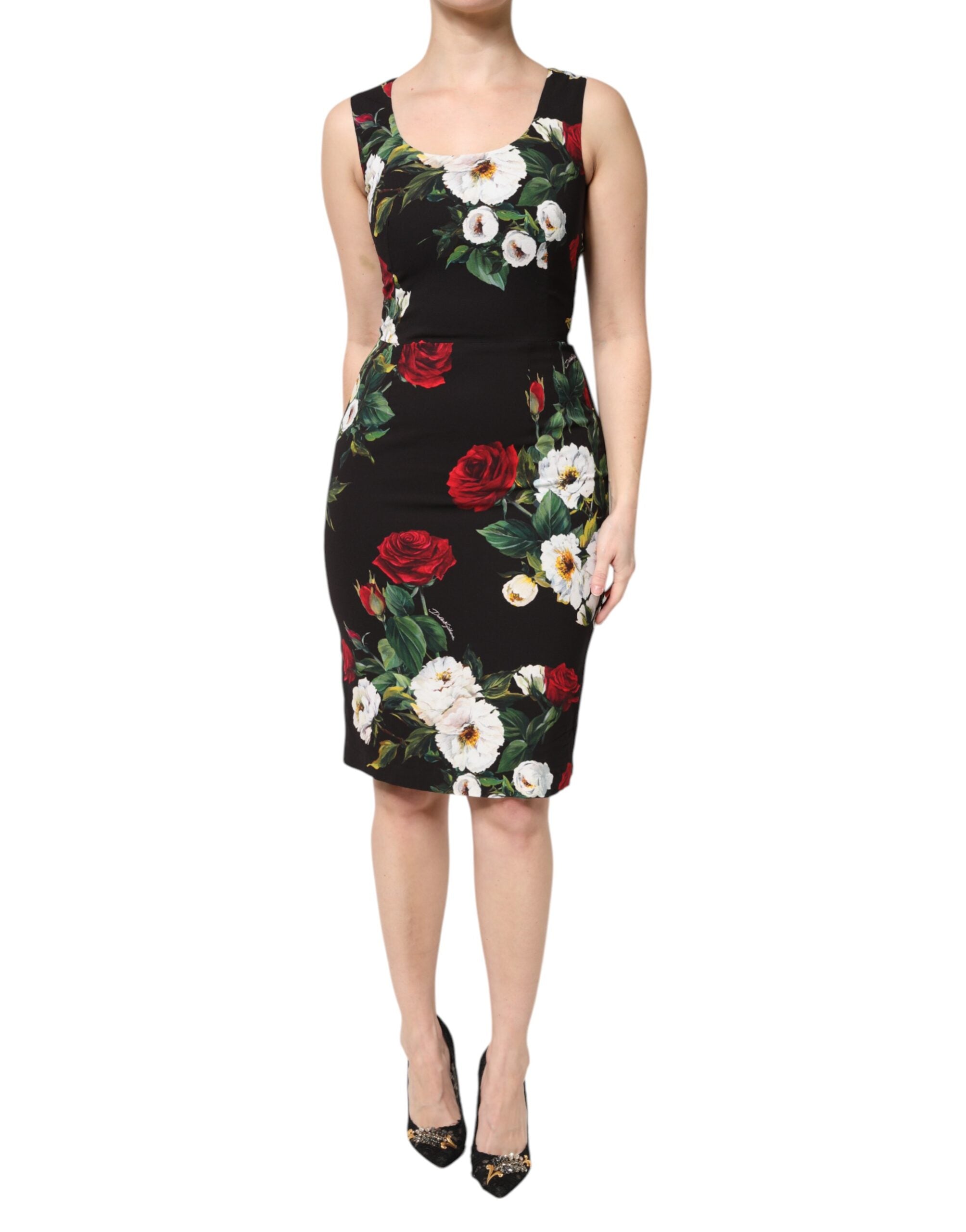 Dolce & Gabbana Schwarzes ärmelloses Etuikleid mit Blumenmuster