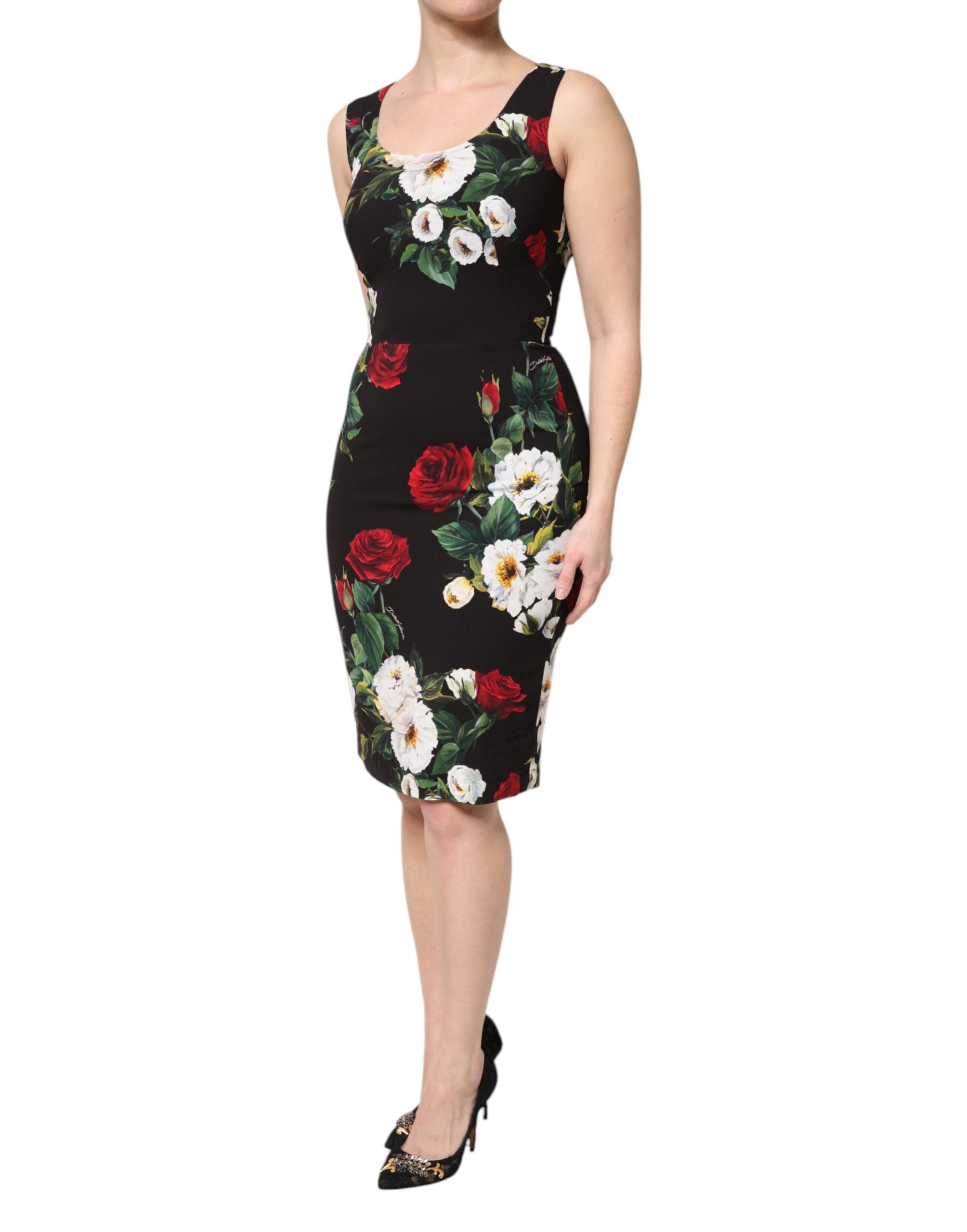 Dolce & Gabbana Schwarzes ärmelloses Etuikleid mit Blumenmuster