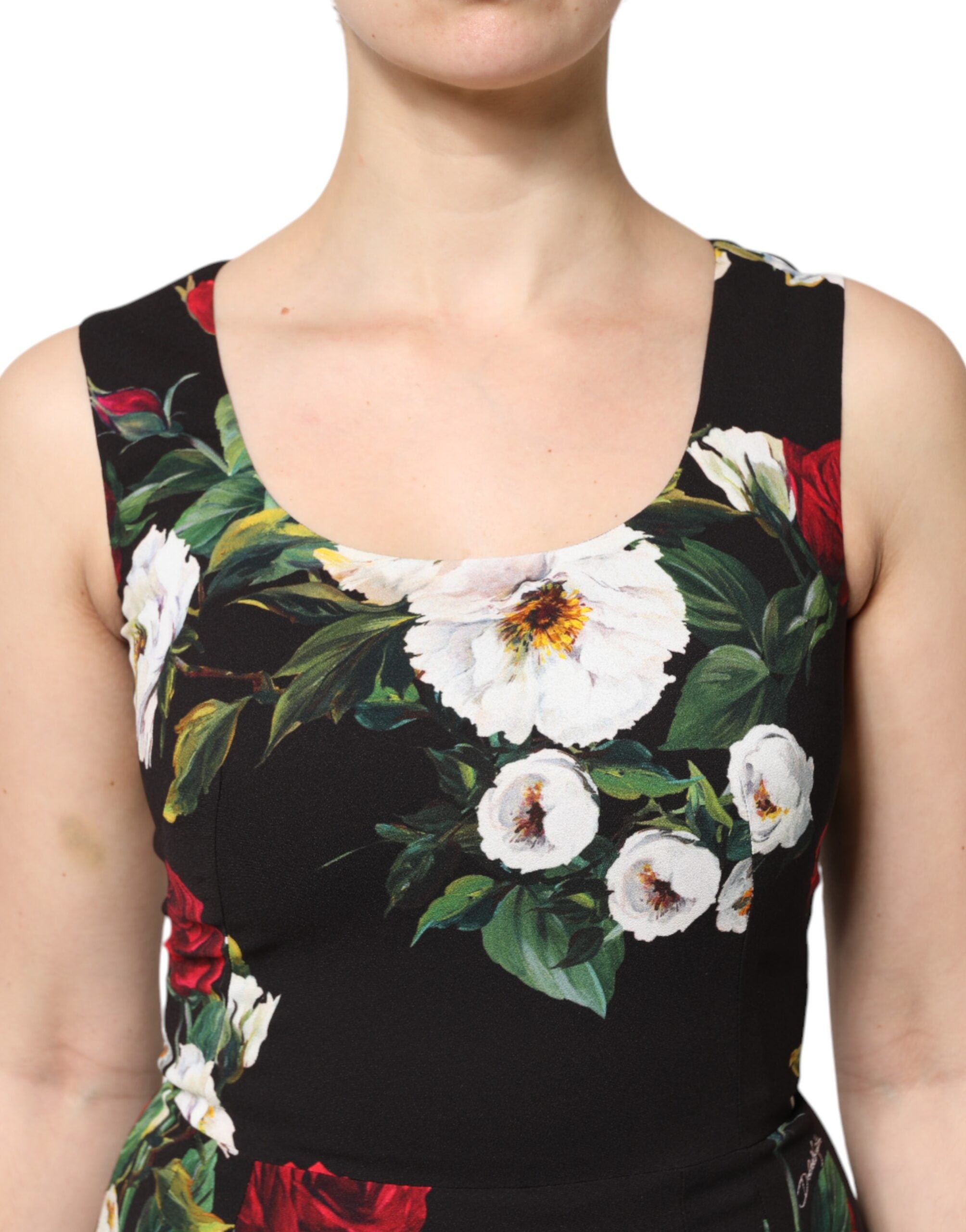Dolce & Gabbana Schwarzes ärmelloses Etuikleid mit Blumenmuster