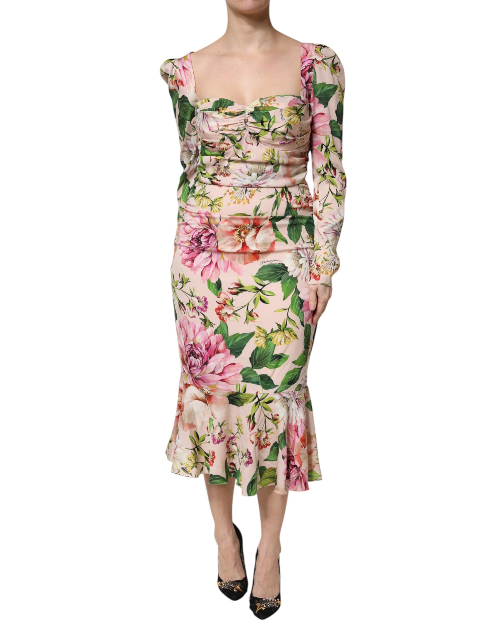 Dolce & Gabbana Rosa geblümtes Seiden-Midi-Kleid mit figurbetontem Oberteil und ausgestelltem Rock