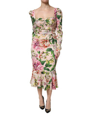 Dolce & Gabbana Rosa geblümtes Seiden-Midi-Kleid mit figurbetontem Oberteil und ausgestelltem Rock