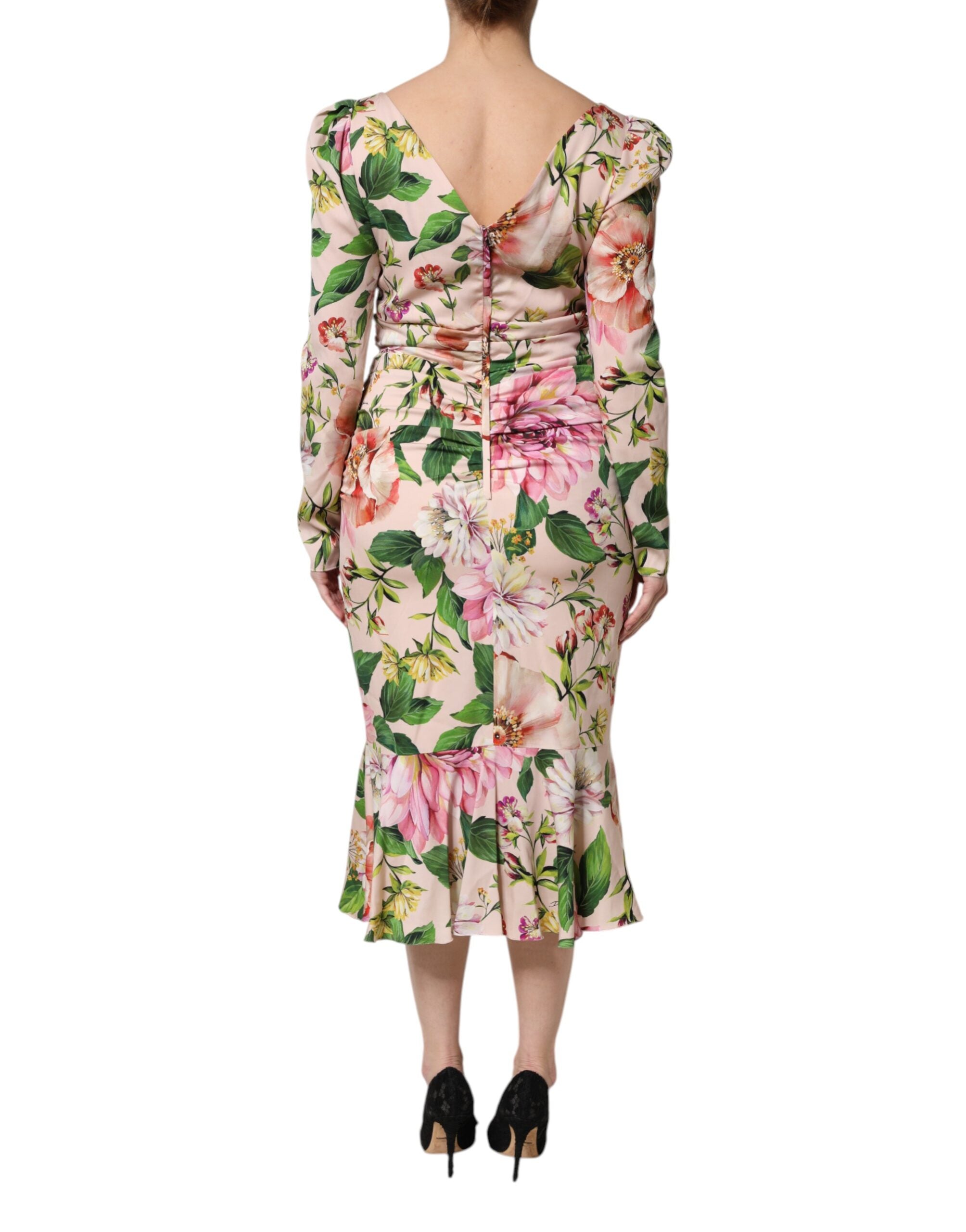 Dolce & Gabbana Rosa geblümtes Seiden-Midi-Kleid mit figurbetontem Oberteil und ausgestelltem Rock