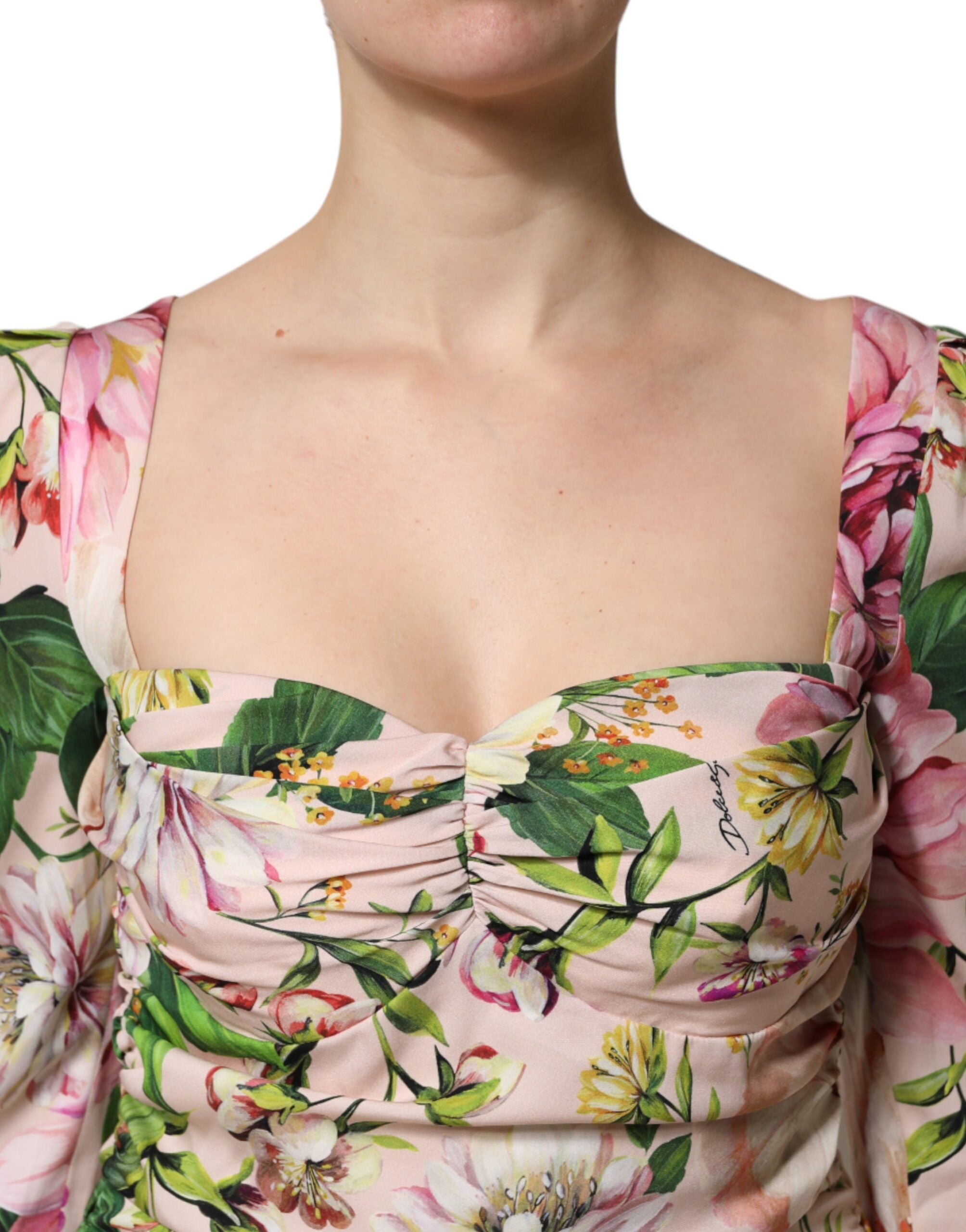 Dolce & Gabbana Rosa geblümtes Seiden-Midi-Kleid mit figurbetontem Oberteil und ausgestelltem Rock