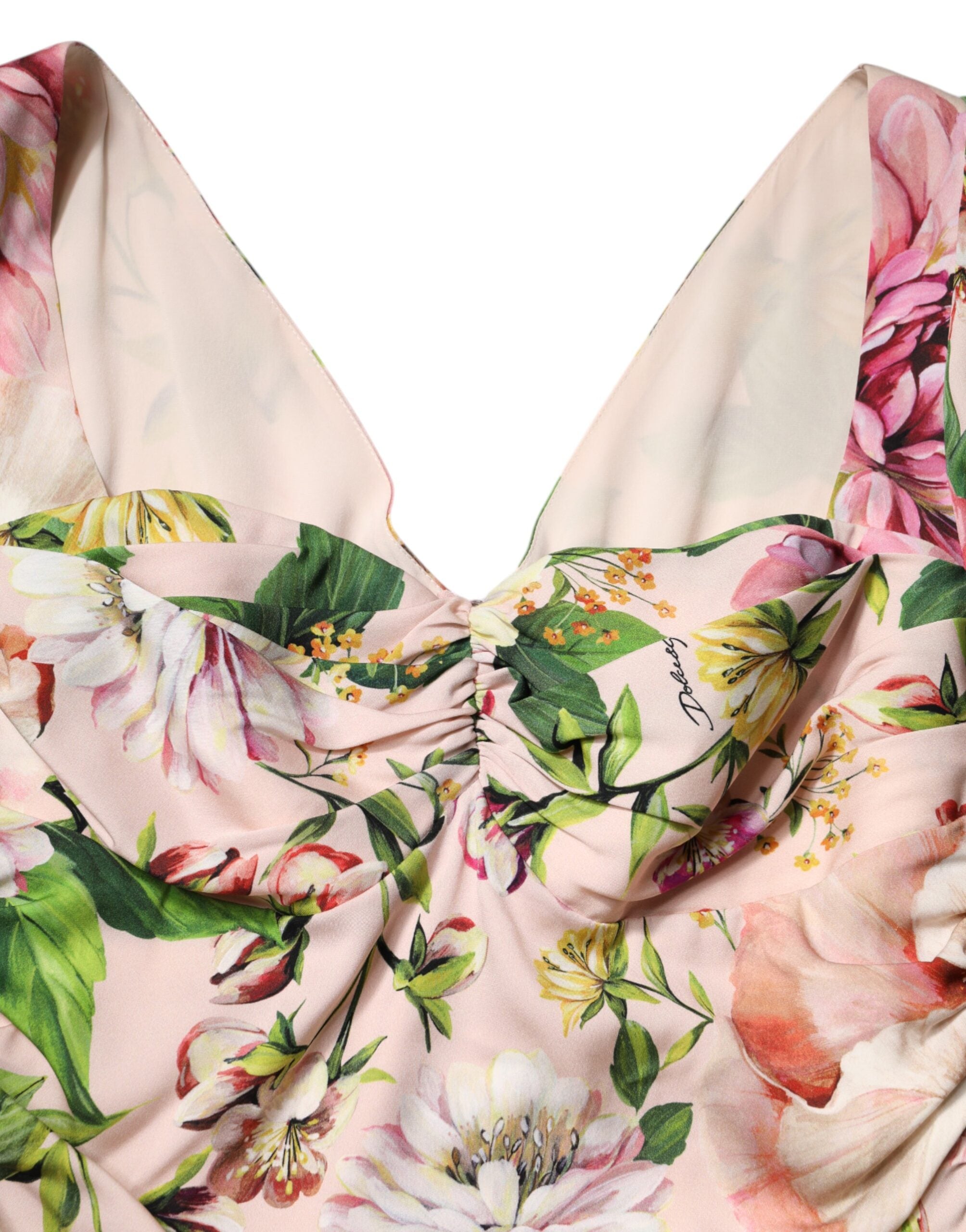 Dolce & Gabbana Rosa geblümtes Seiden-Midi-Kleid mit figurbetontem Oberteil und ausgestelltem Rock
