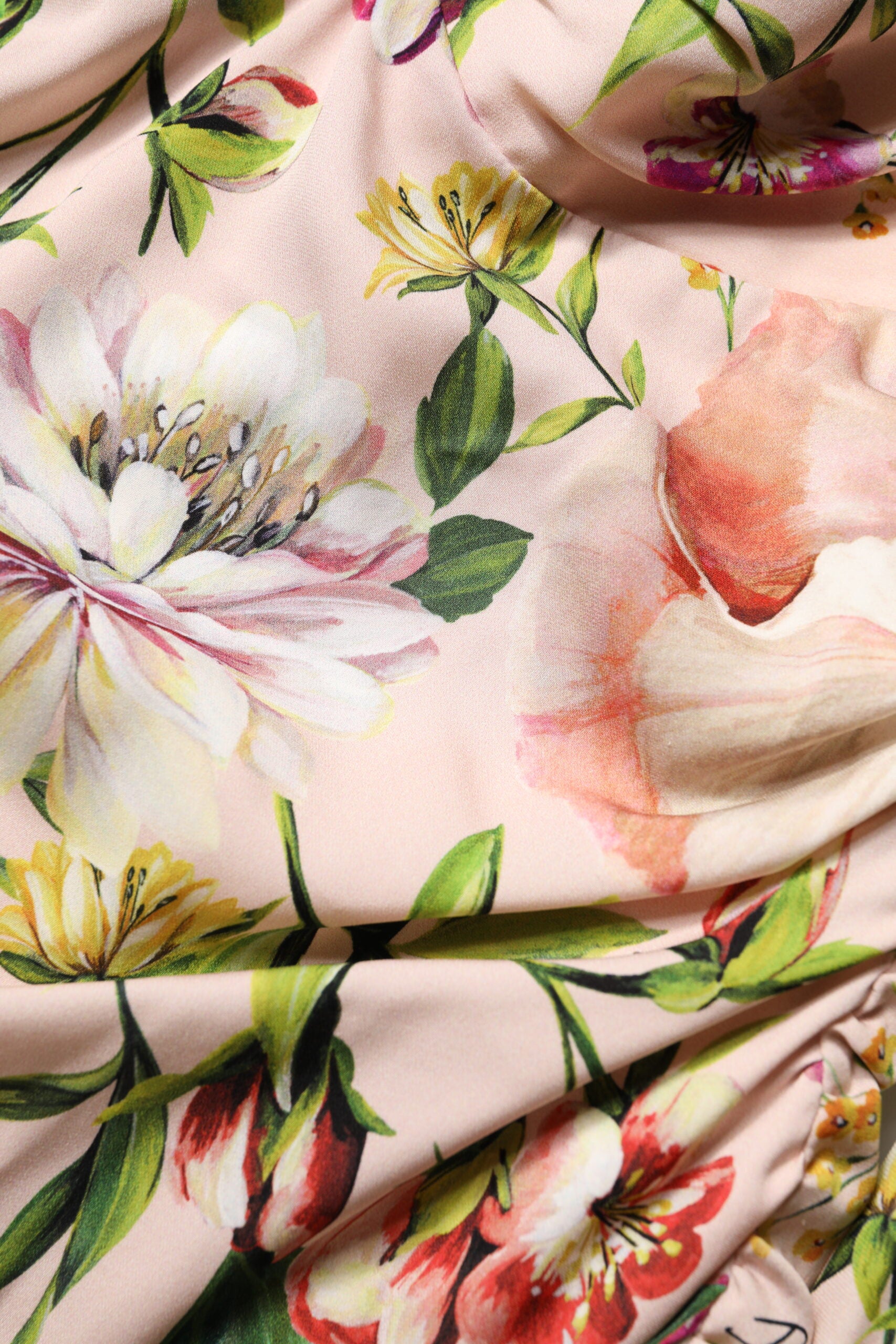 Dolce & Gabbana Rosa geblümtes Seiden-Midi-Kleid mit figurbetontem Oberteil und ausgestelltem Rock