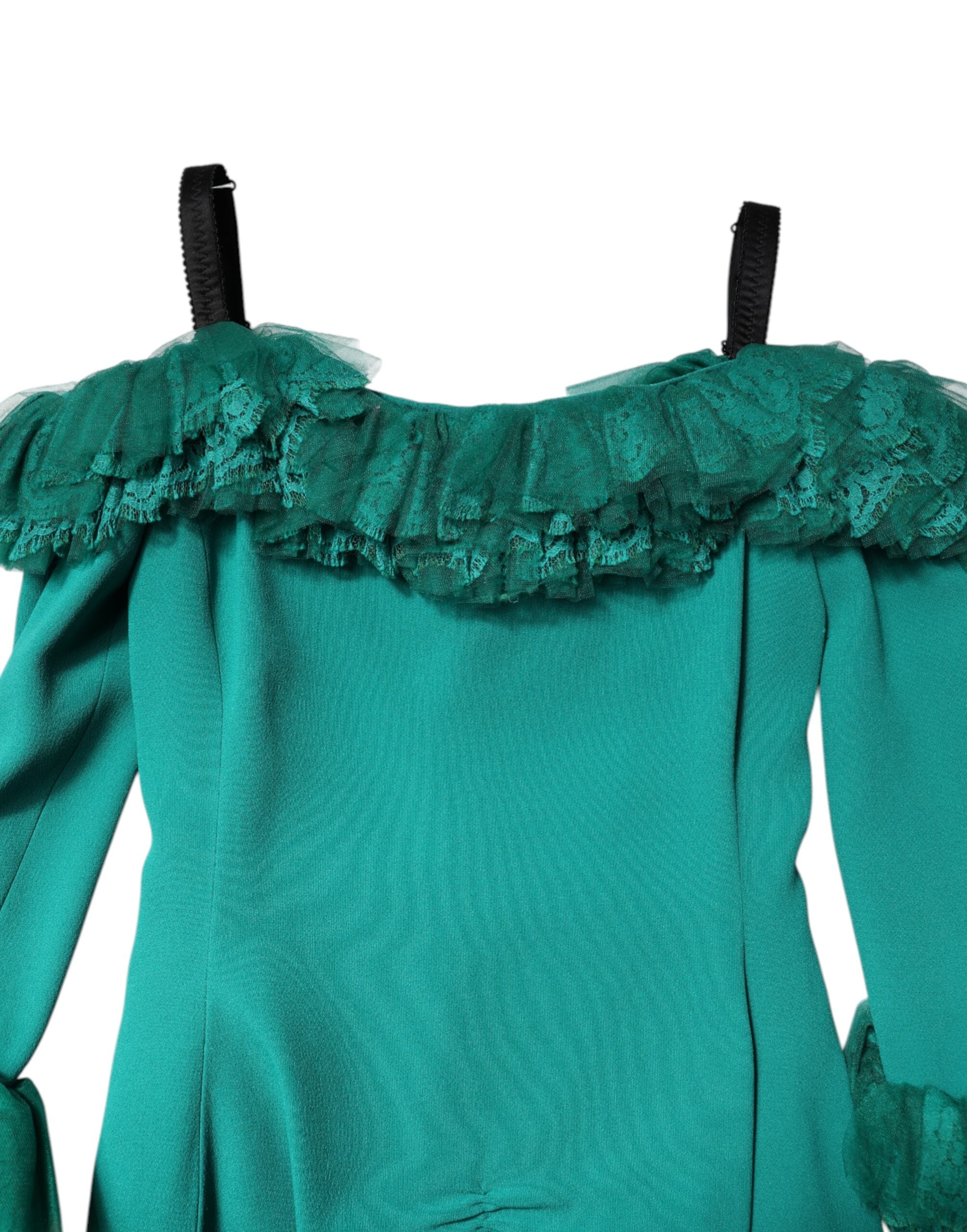 Dolce & Gabbana Grünes schulterfreies Mini-Etuikleid aus Spitze