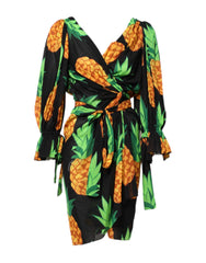 Dolce & Gabbana Zwarte Zijden Wikkeljurk met Ananasprint