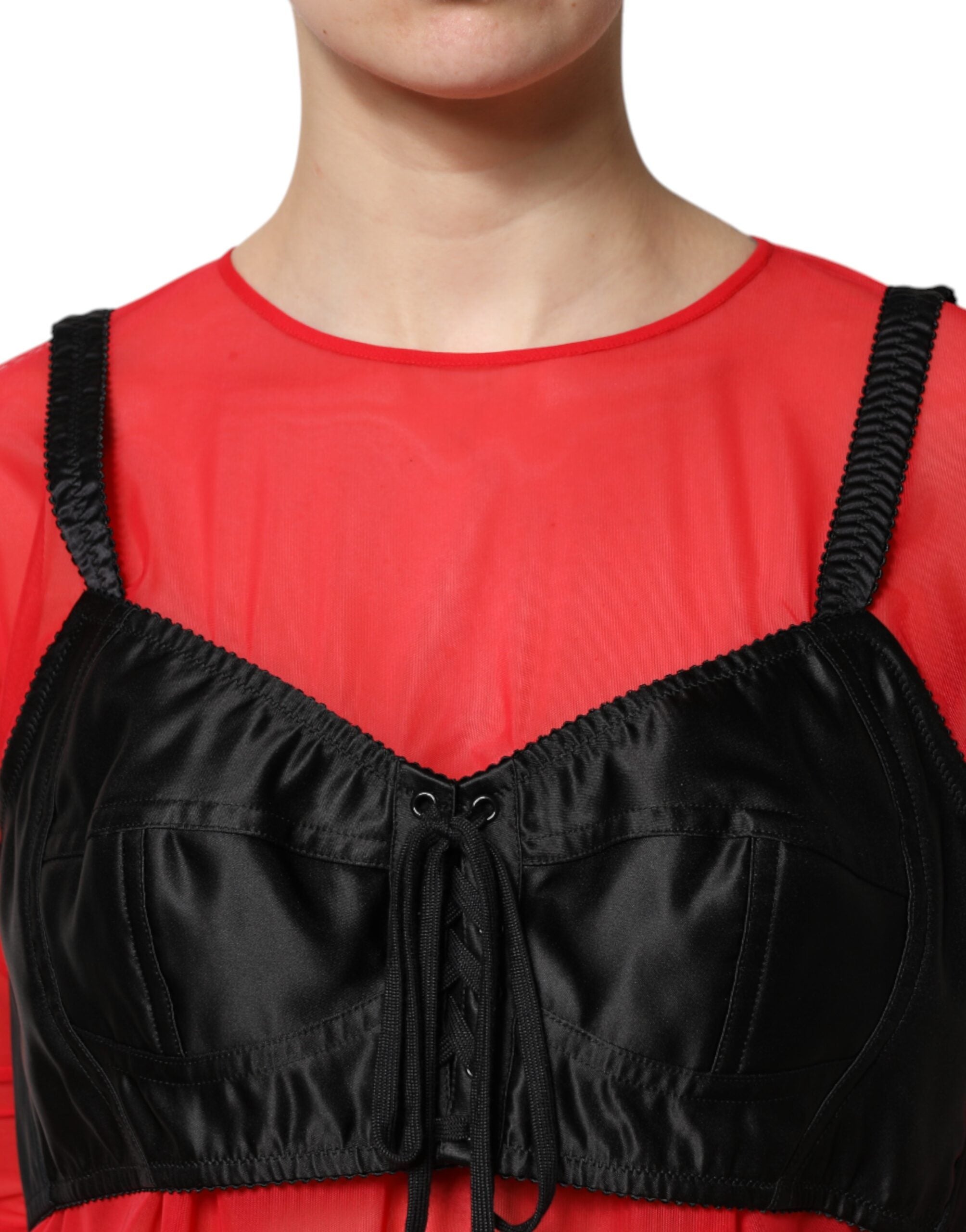 Dolce & Gabbana Rot Schwarzes Bustier-Detail Langarm-Top