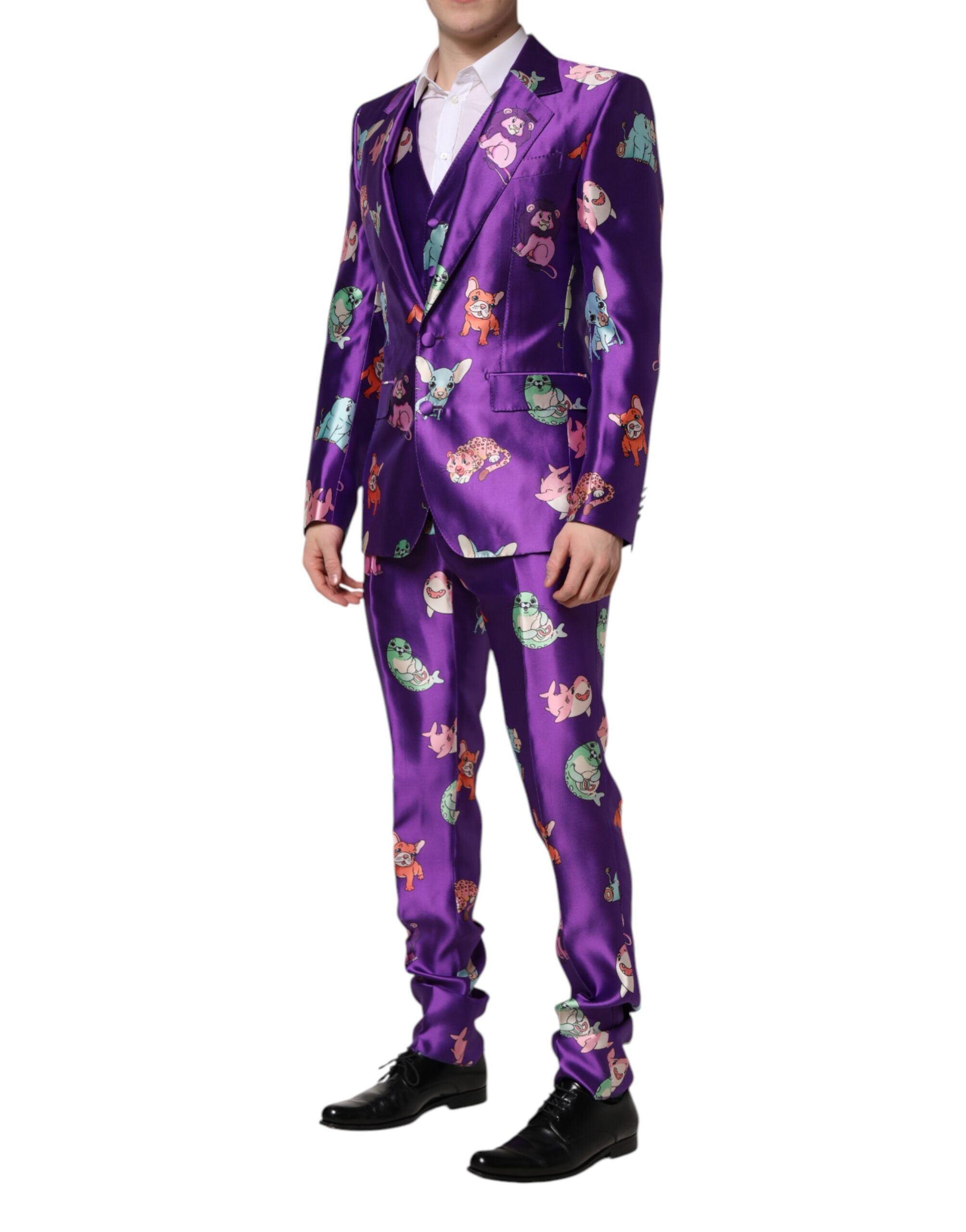 Dolce & Gabbana Anzug aus violetter Seide mit Animal-Print, 3-teilig