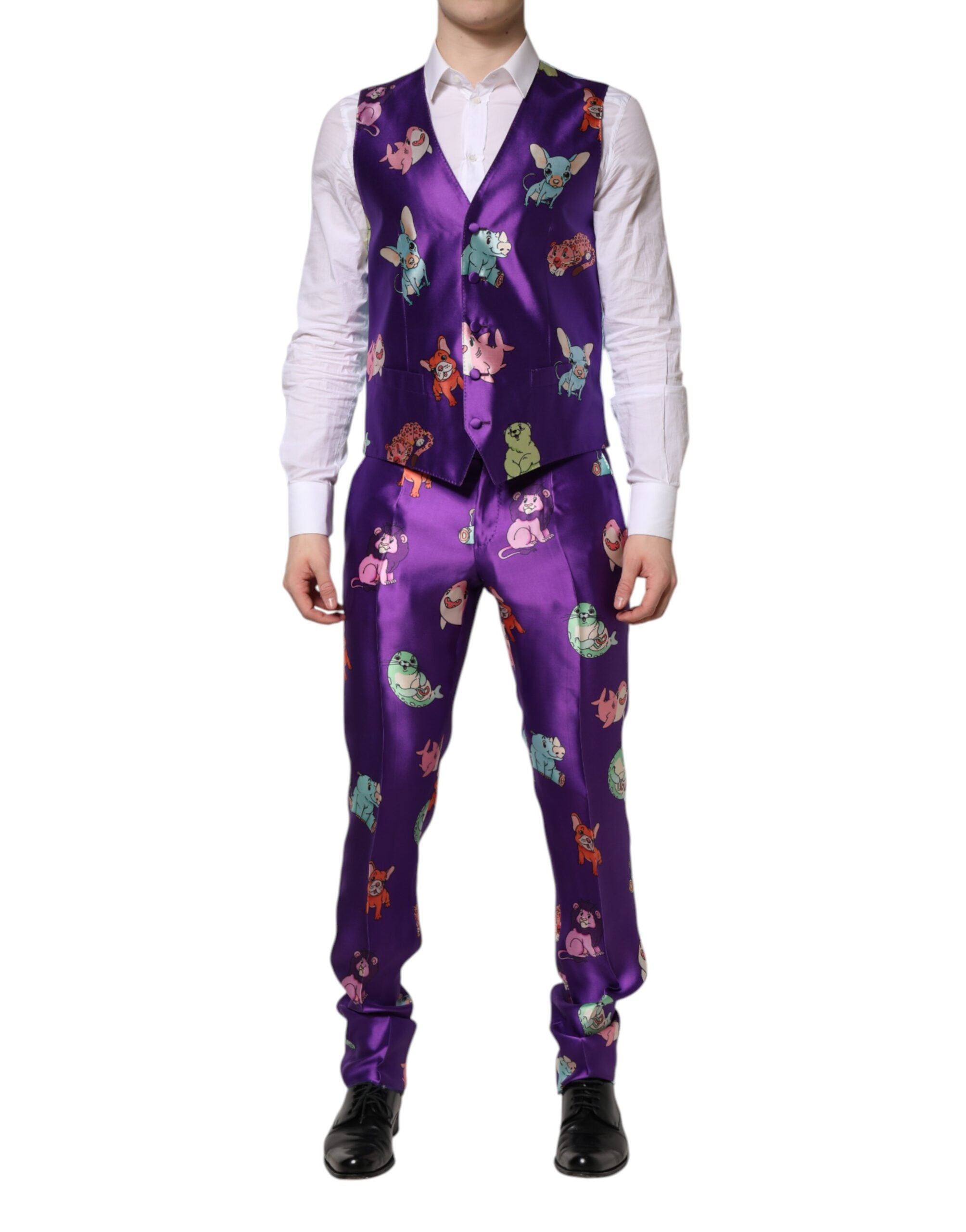 Dolce & Gabbana Anzug aus violetter Seide mit Animal-Print, 3-teilig