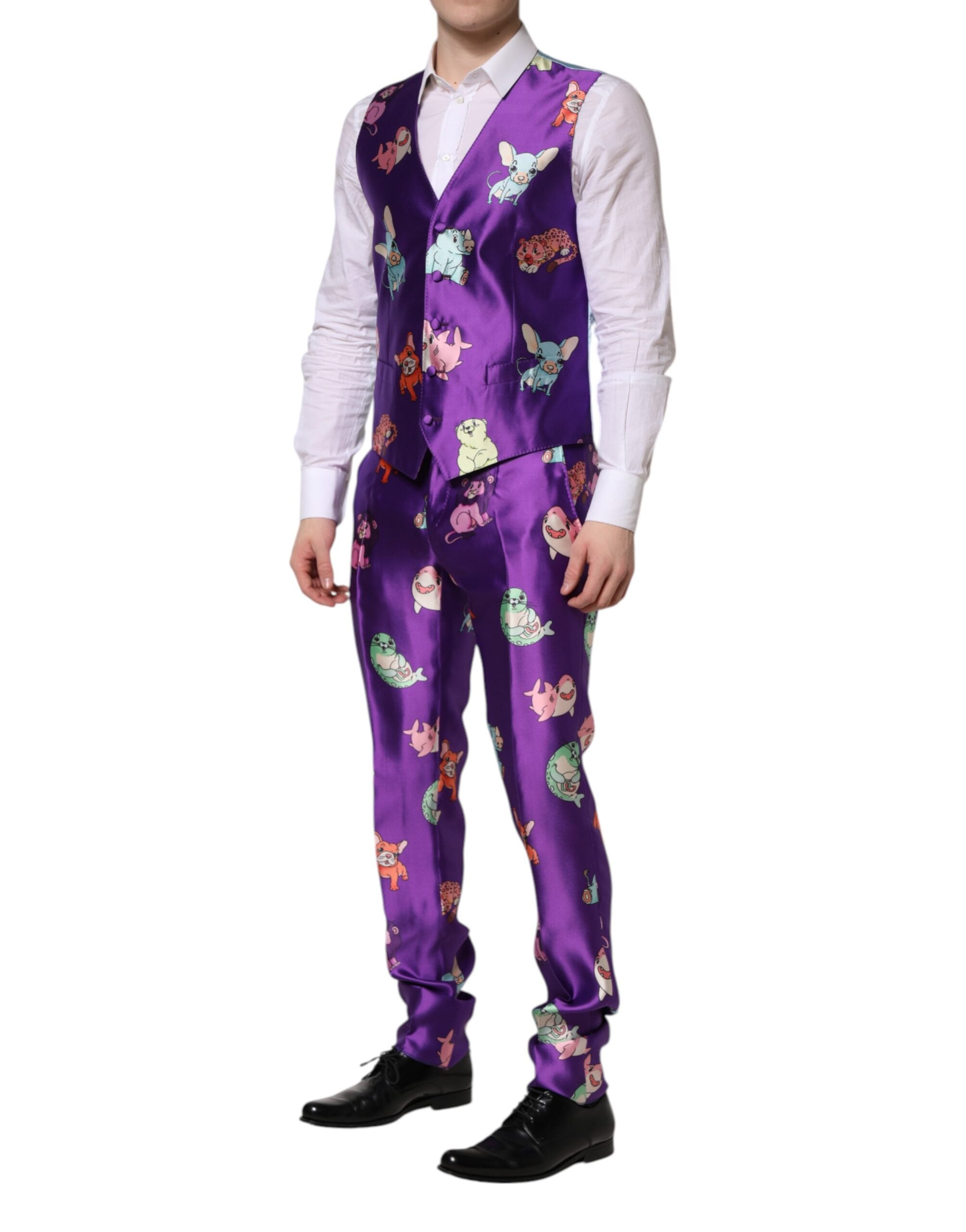 Dolce & Gabbana Anzug aus violetter Seide mit Animal-Print, 3-teilig