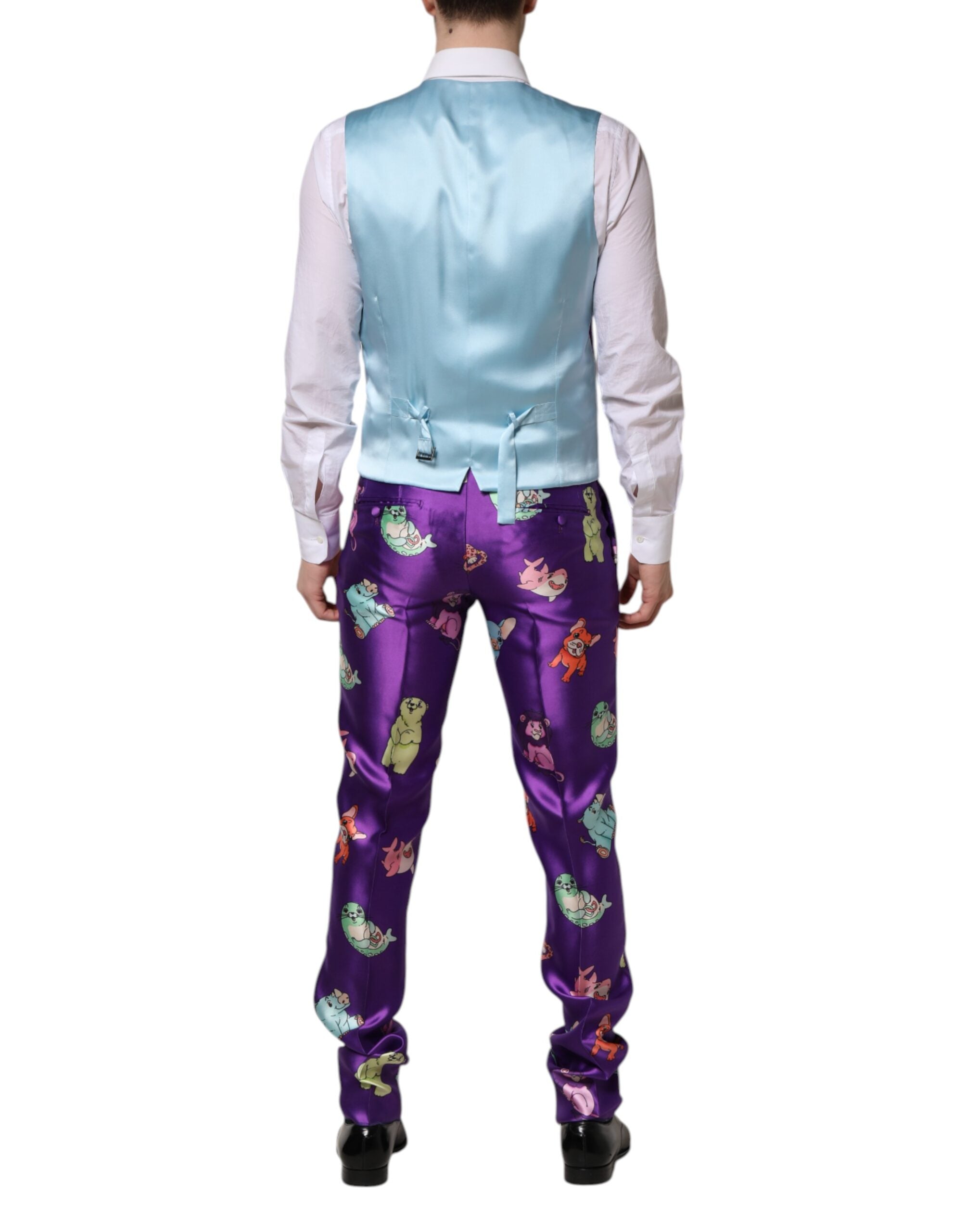 Dolce & Gabbana Anzug aus violetter Seide mit Animal-Print, 3-teilig