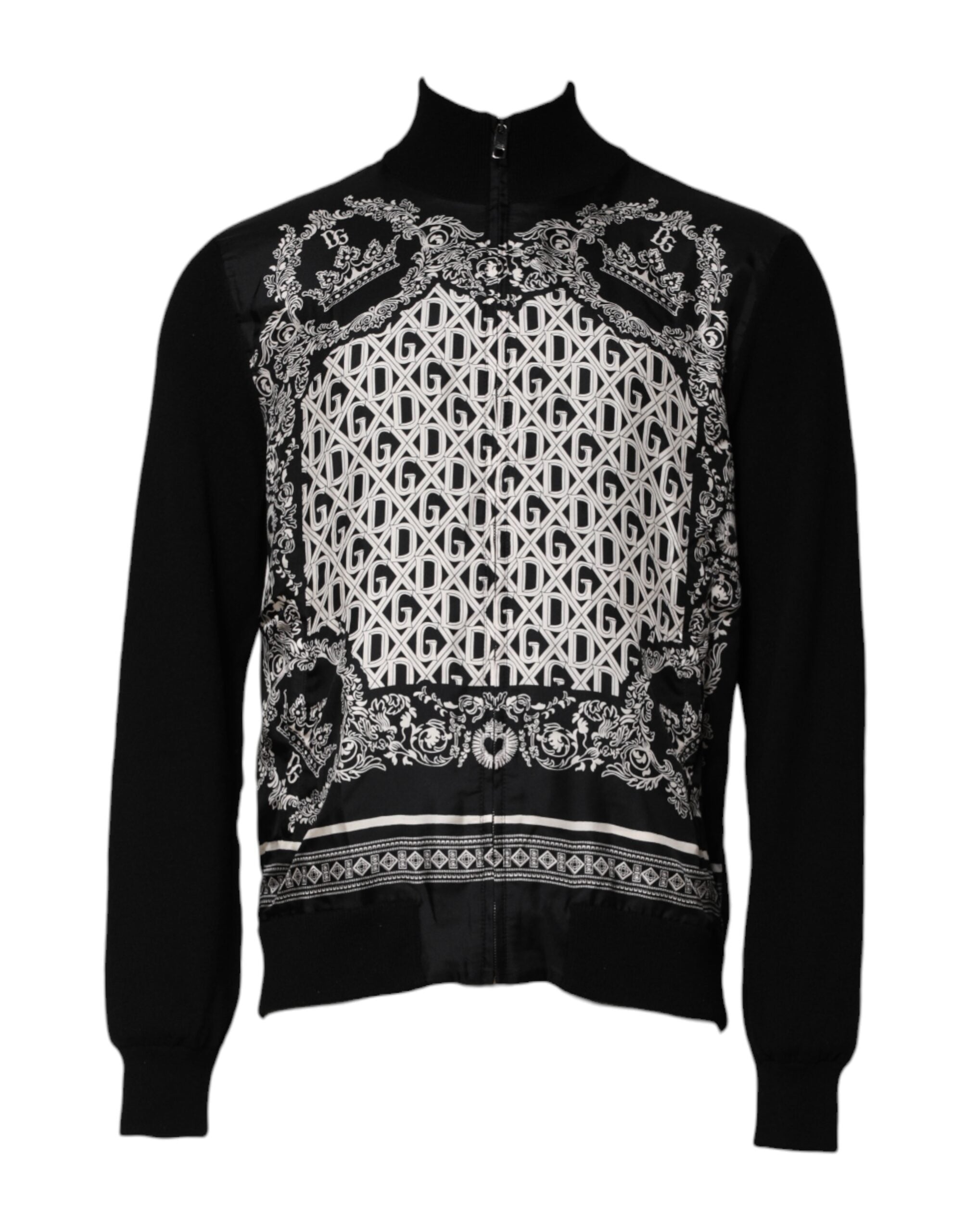 Dolce & Gabbana Schwarzer weißer Bandana-Print-Pullover mit durchgehendem Reißverschluss