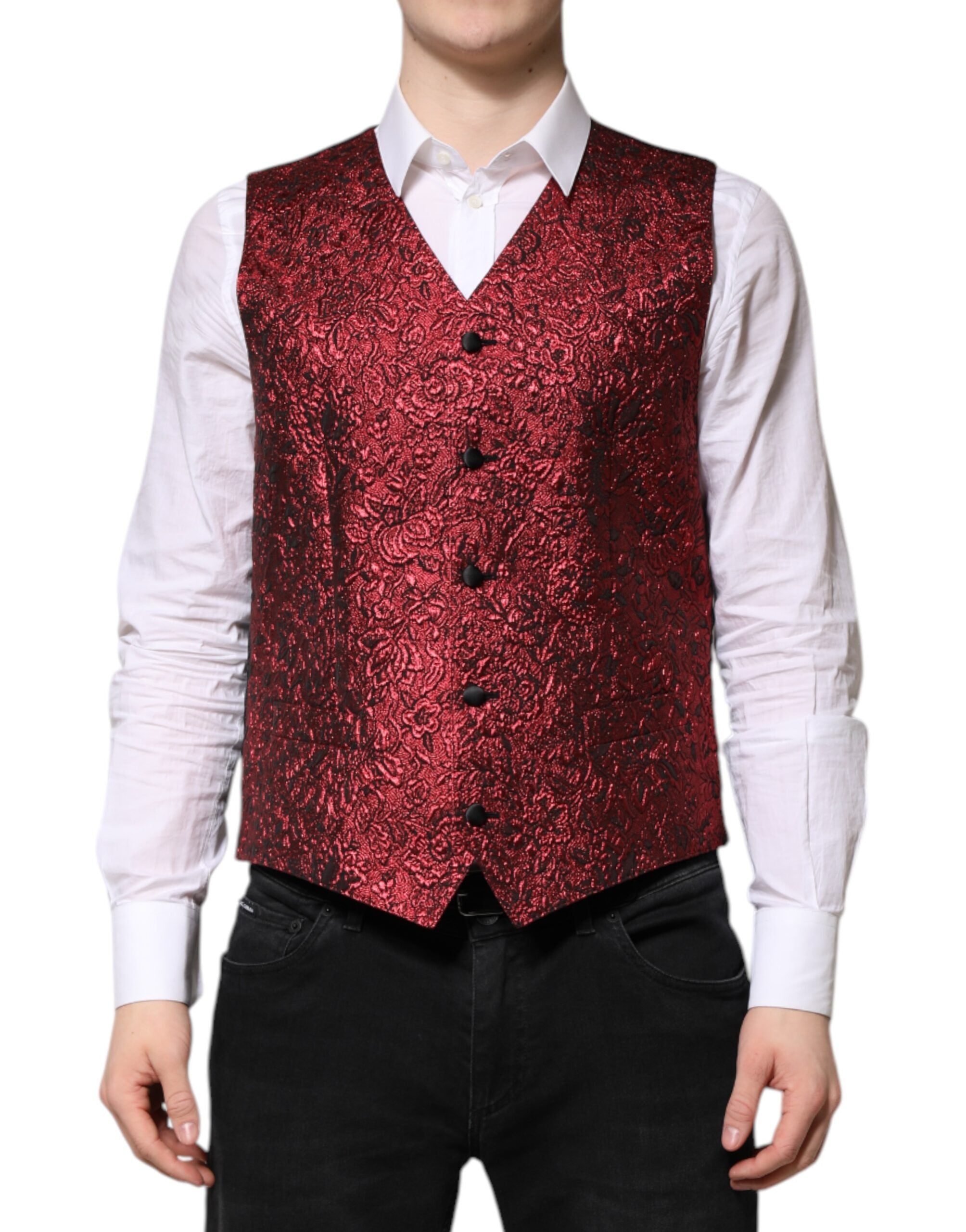 Dolce & Gabbana Rote florale Brokat Formal Herren Weste