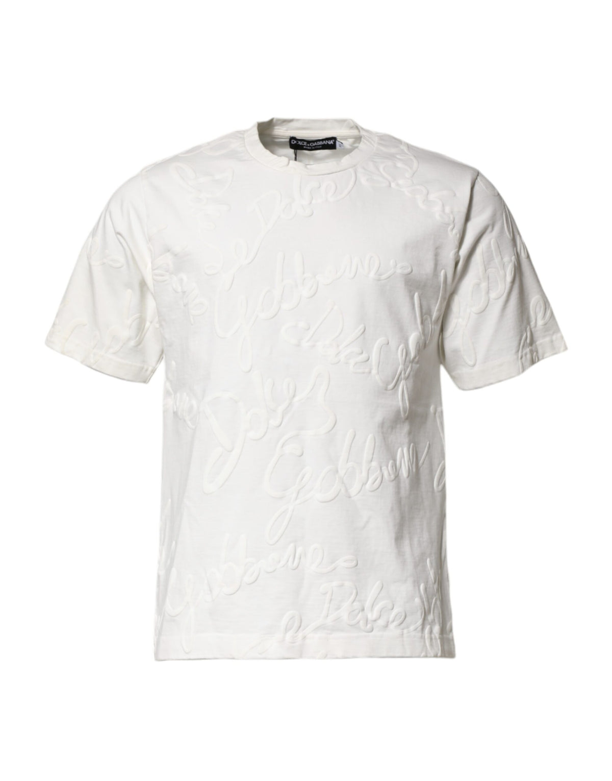 Dolce & Gabbana Weißes Baumwoll-T-Shirt mit geprägtem Logo und Rundhalsausschnitt