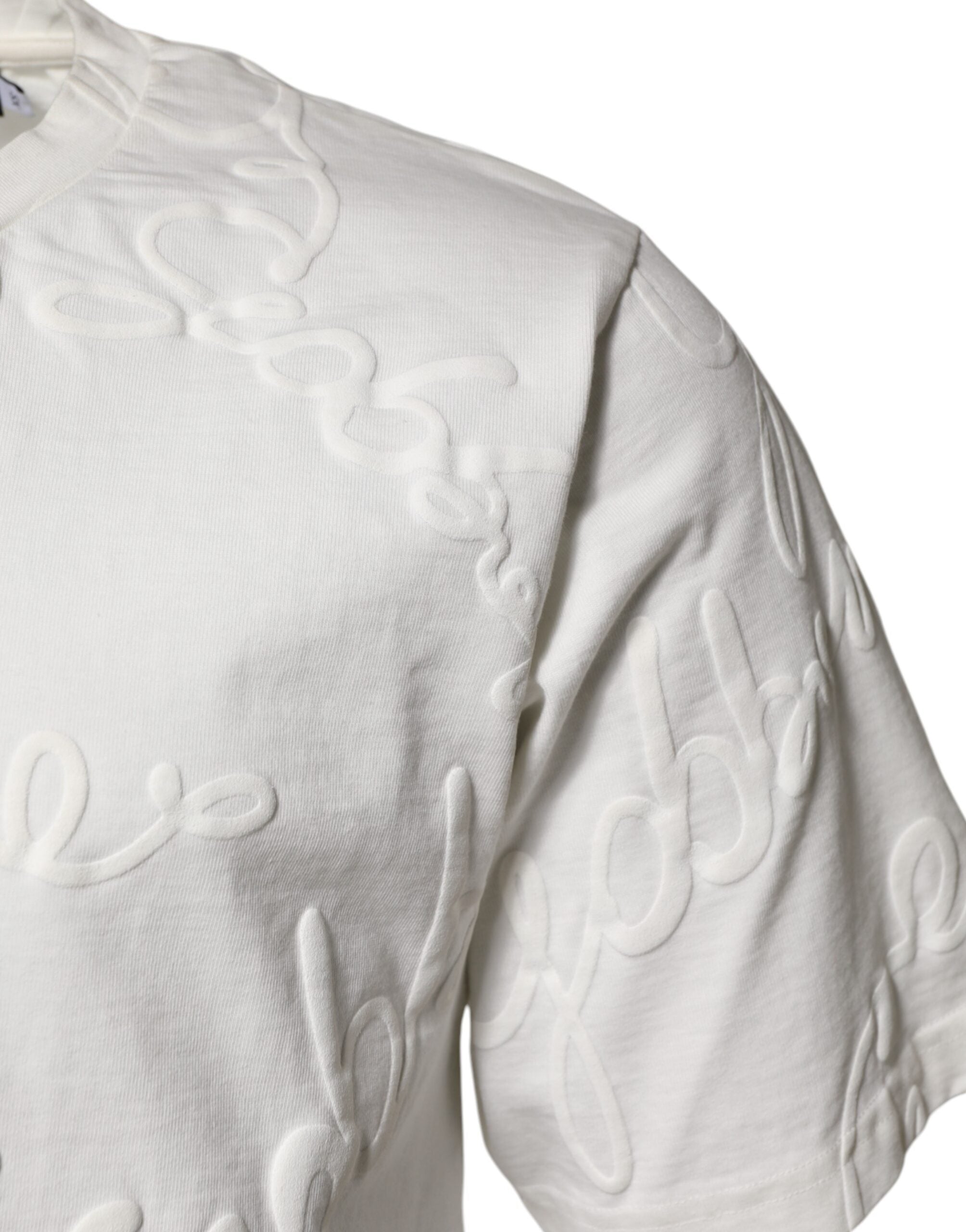 Dolce & Gabbana Weißes Baumwoll-T-Shirt mit geprägtem Logo und Rundhalsausschnitt