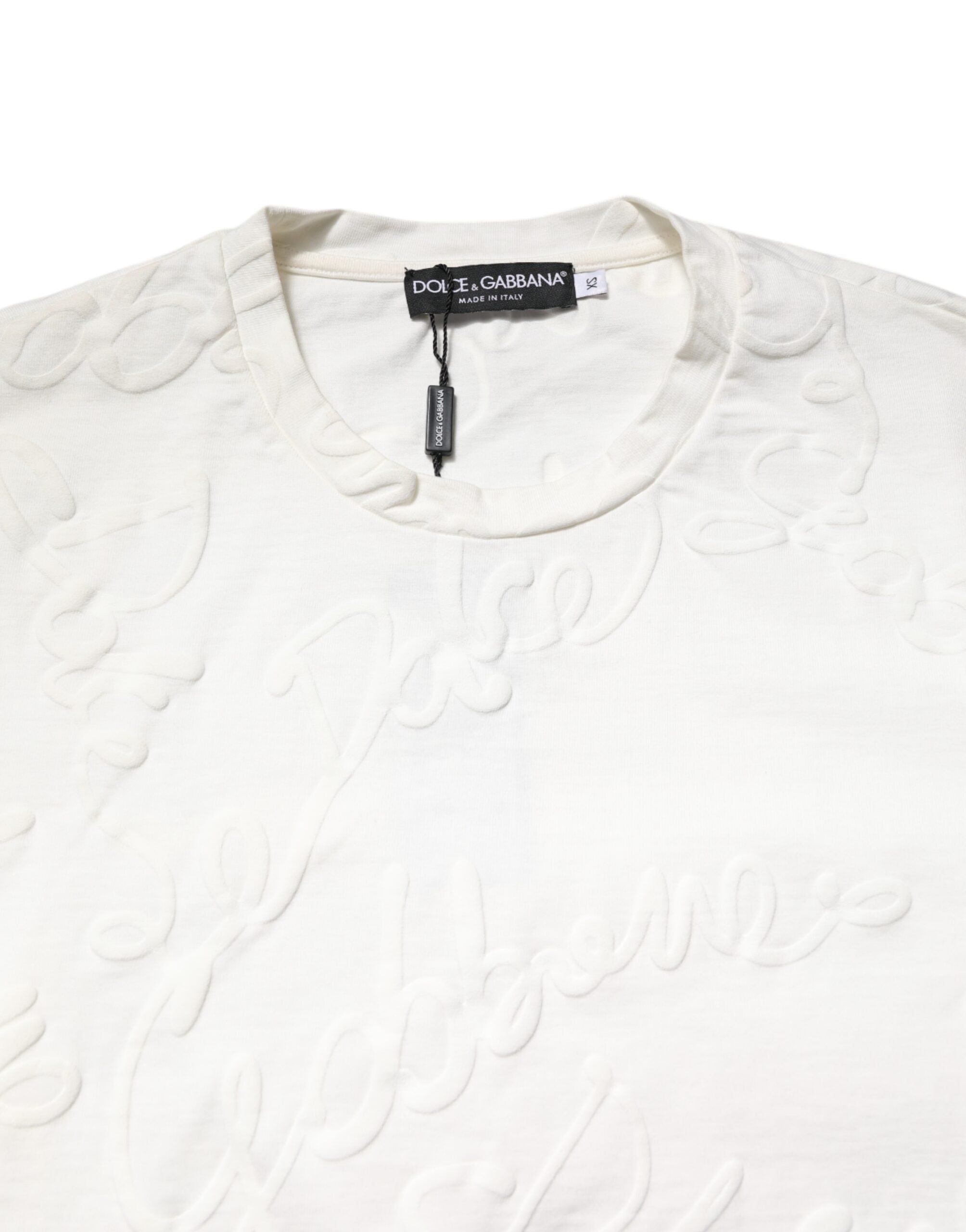 Dolce & Gabbana Weißes Baumwoll-T-Shirt mit geprägtem Logo und Rundhalsausschnitt